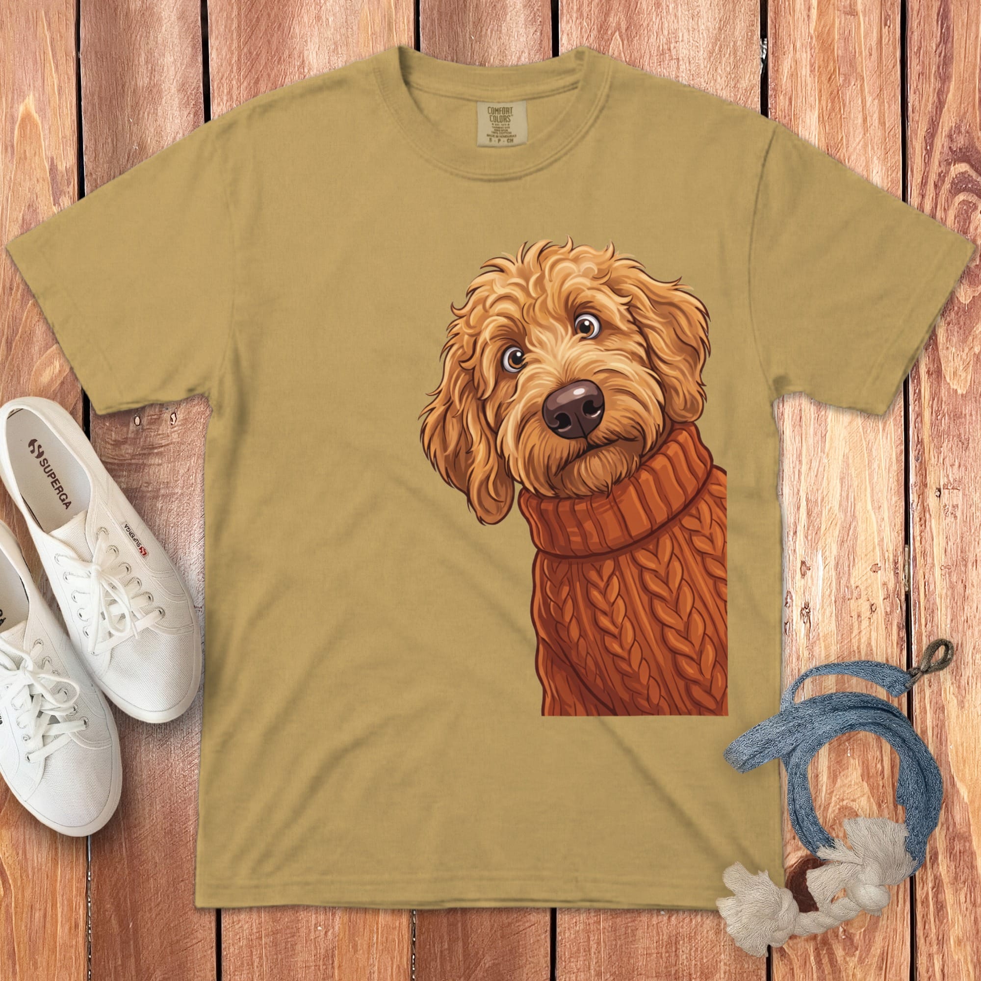 Sweater Weather Apricot Goldendoodle Signature T-Shirt in Mustard / S / T-Shirts by Puppy Jo