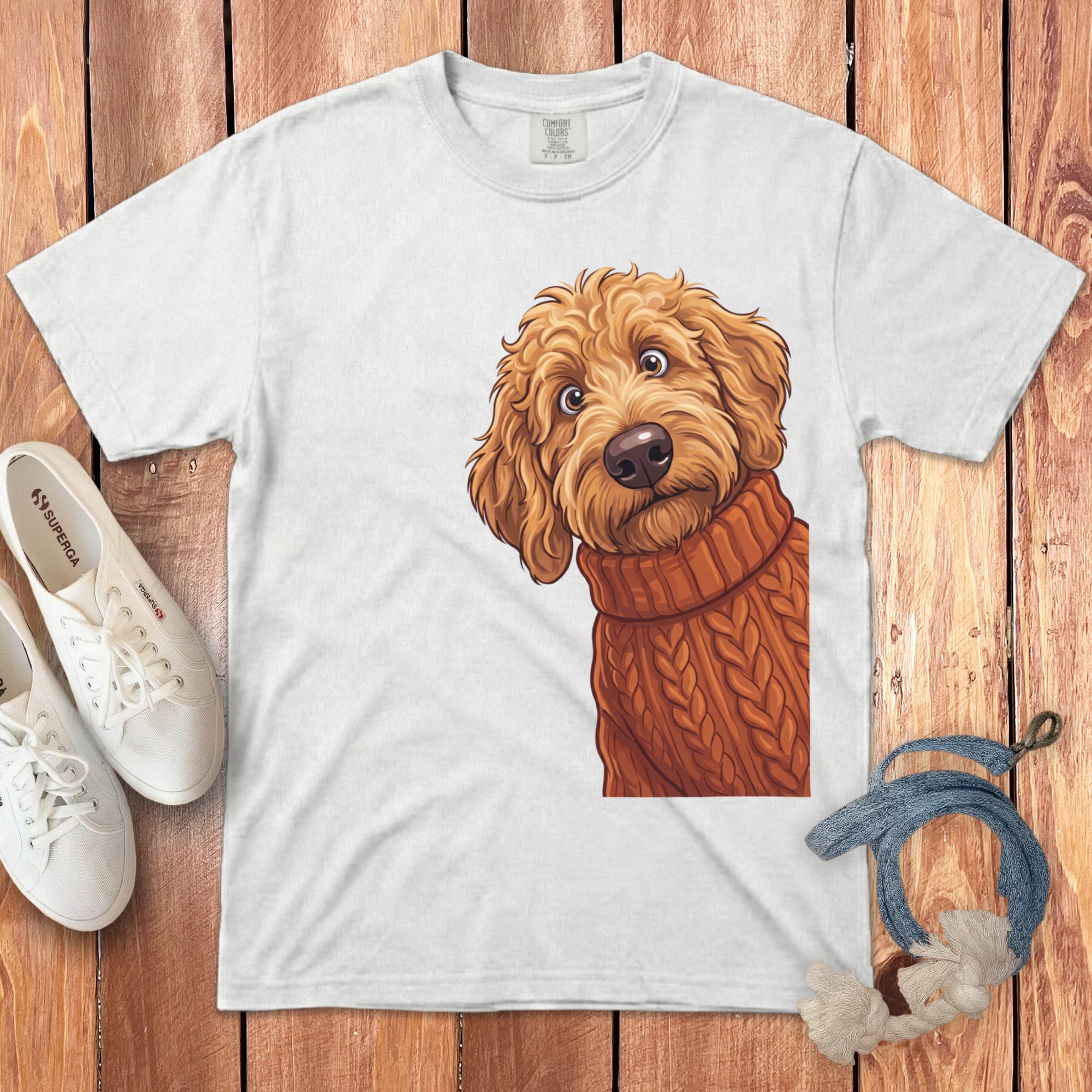 Sweater Weather Apricot Goldendoodle Signature T-Shirt in White / S / T-Shirts by Puppy Jo