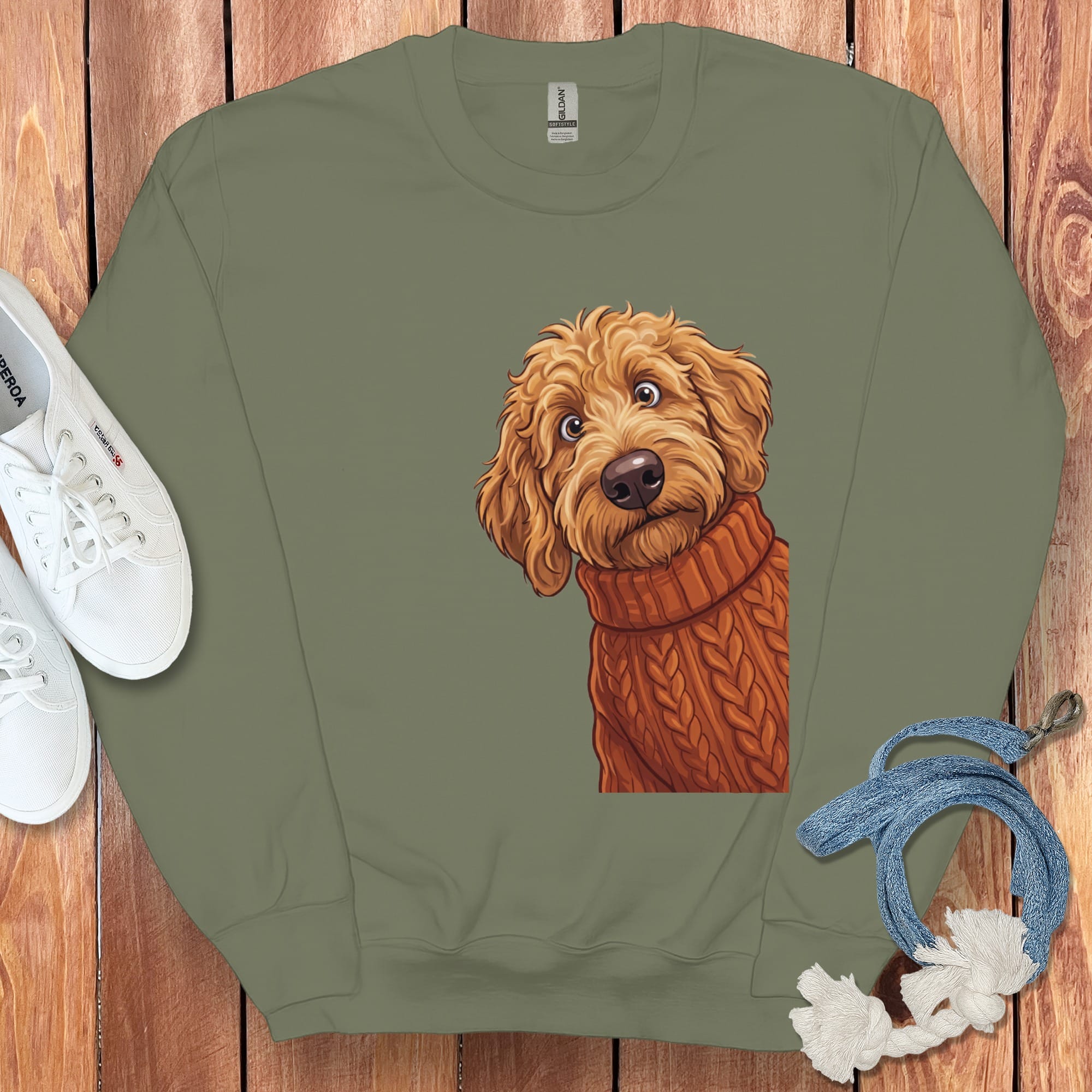 Sweater Weather Apricot Goldendoodle Sweatshirt in Military Green / S by Puppy Jo
