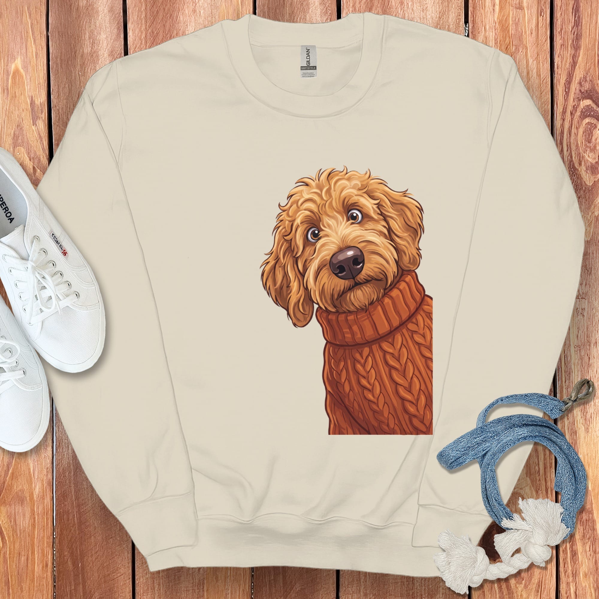 Sweater Weather Apricot Goldendoodle Sweatshirt in Sand / S by Puppy Jo