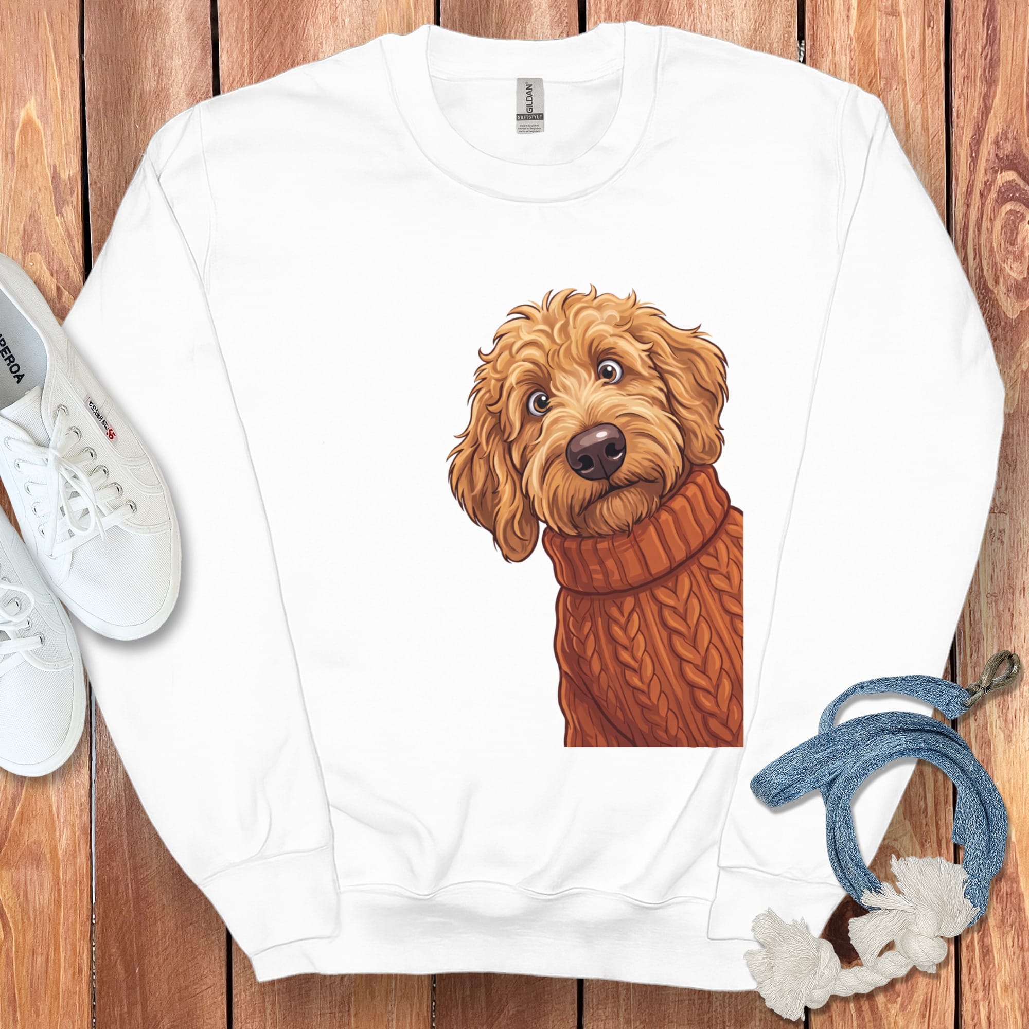 Sweater Weather Apricot Goldendoodle Sweatshirt in White / S by Puppy Jo