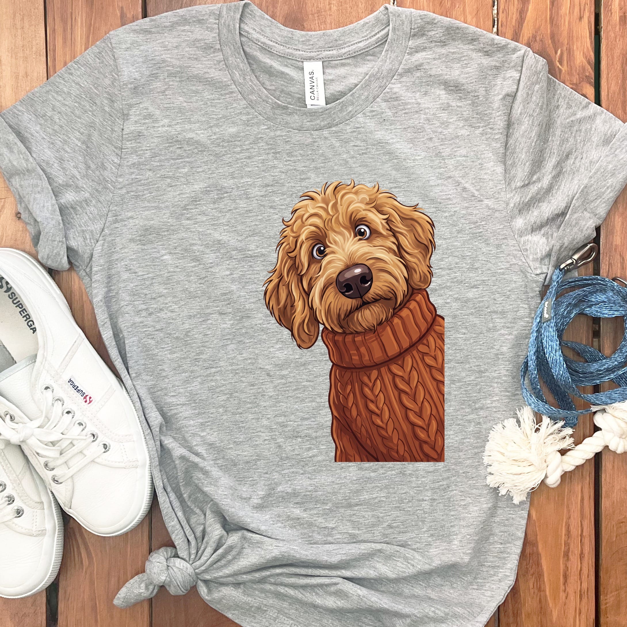 Sweater Weather Apricot Goldendoodle T-Shirt in Athletic Heather / S by Puppy Jo