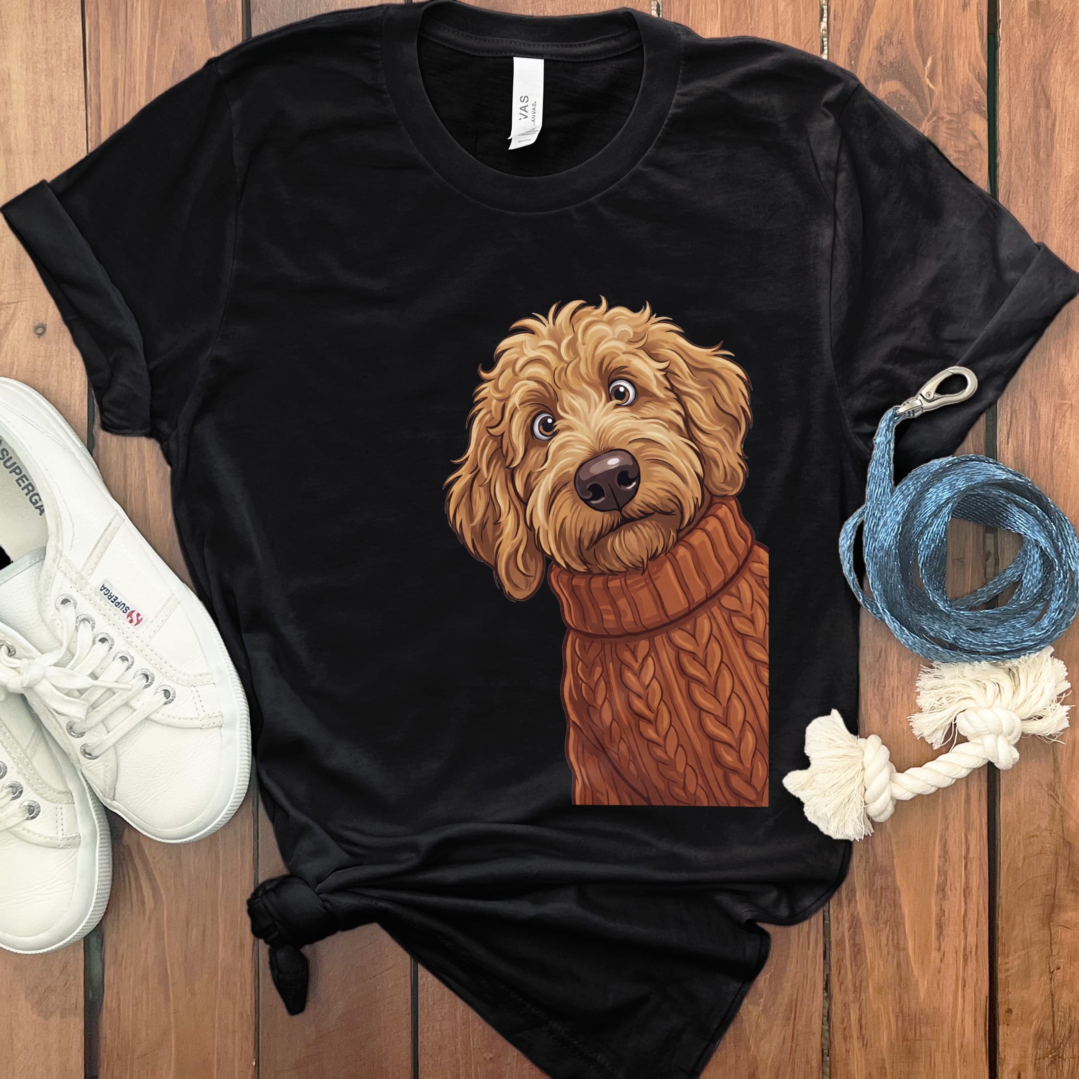 Sweater Weather Apricot Goldendoodle T-Shirt in Black / S by Puppy Jo