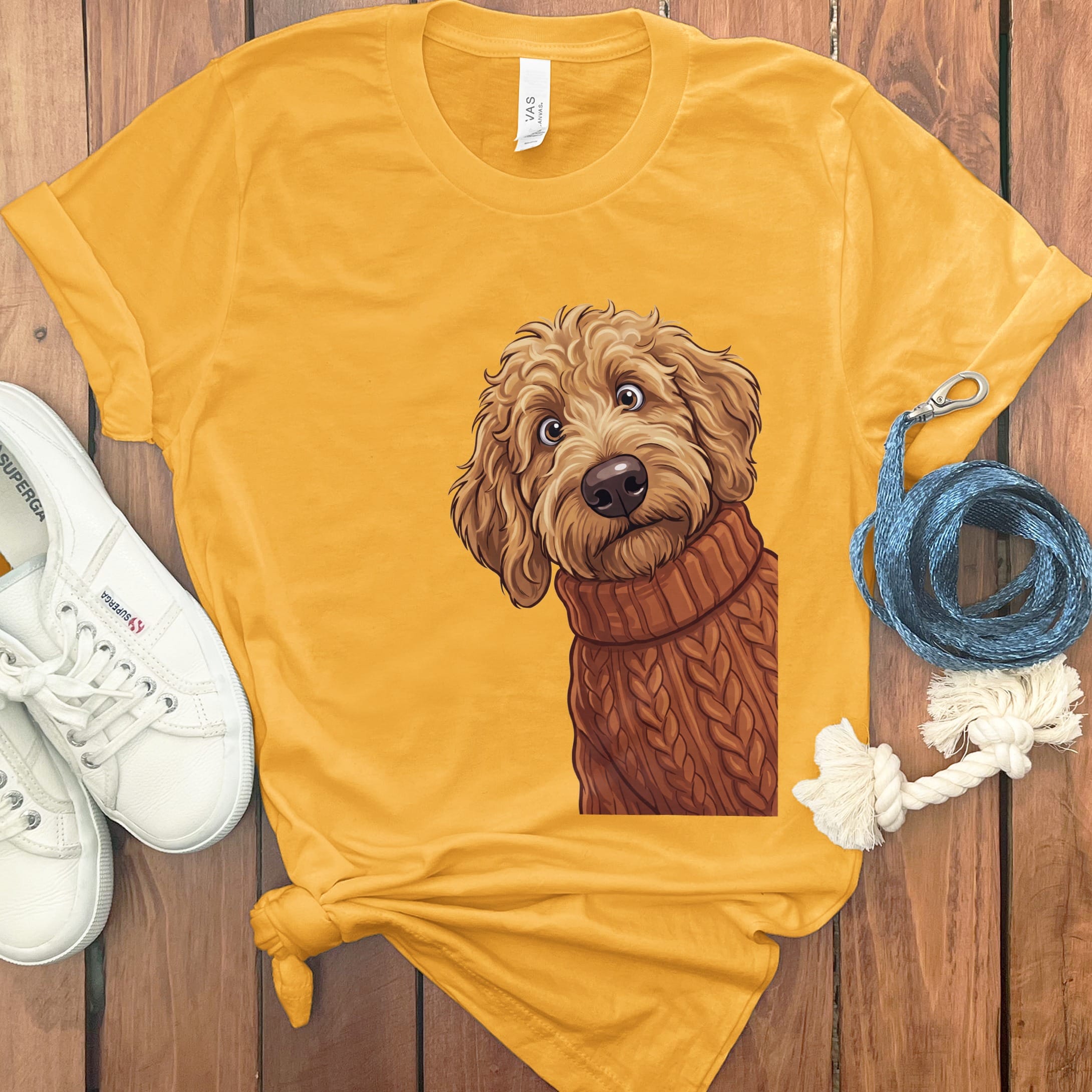 Sweater Weather Apricot Goldendoodle T-Shirt in Gold / S by Puppy Jo