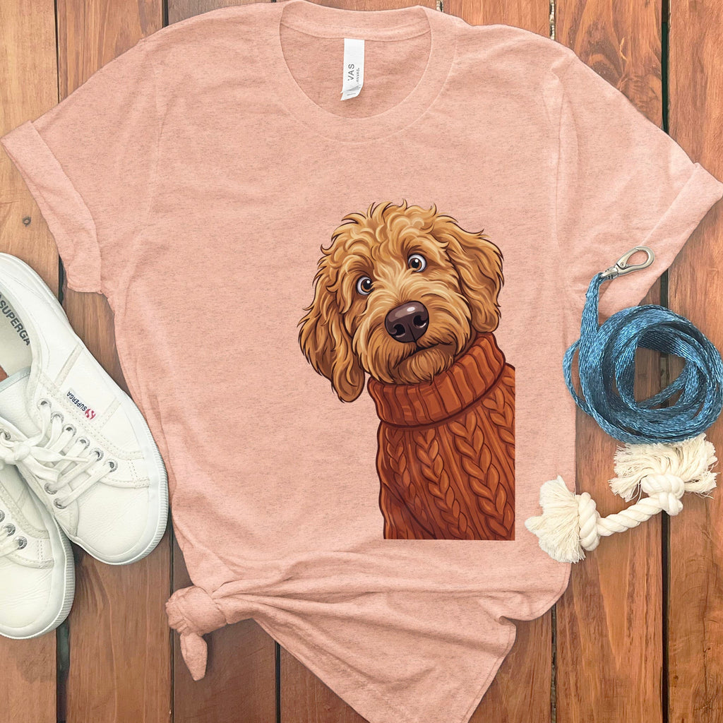 Sweater Weather Apricot Goldendoodle T-Shirt in Heather Peach / S by Puppy Jo