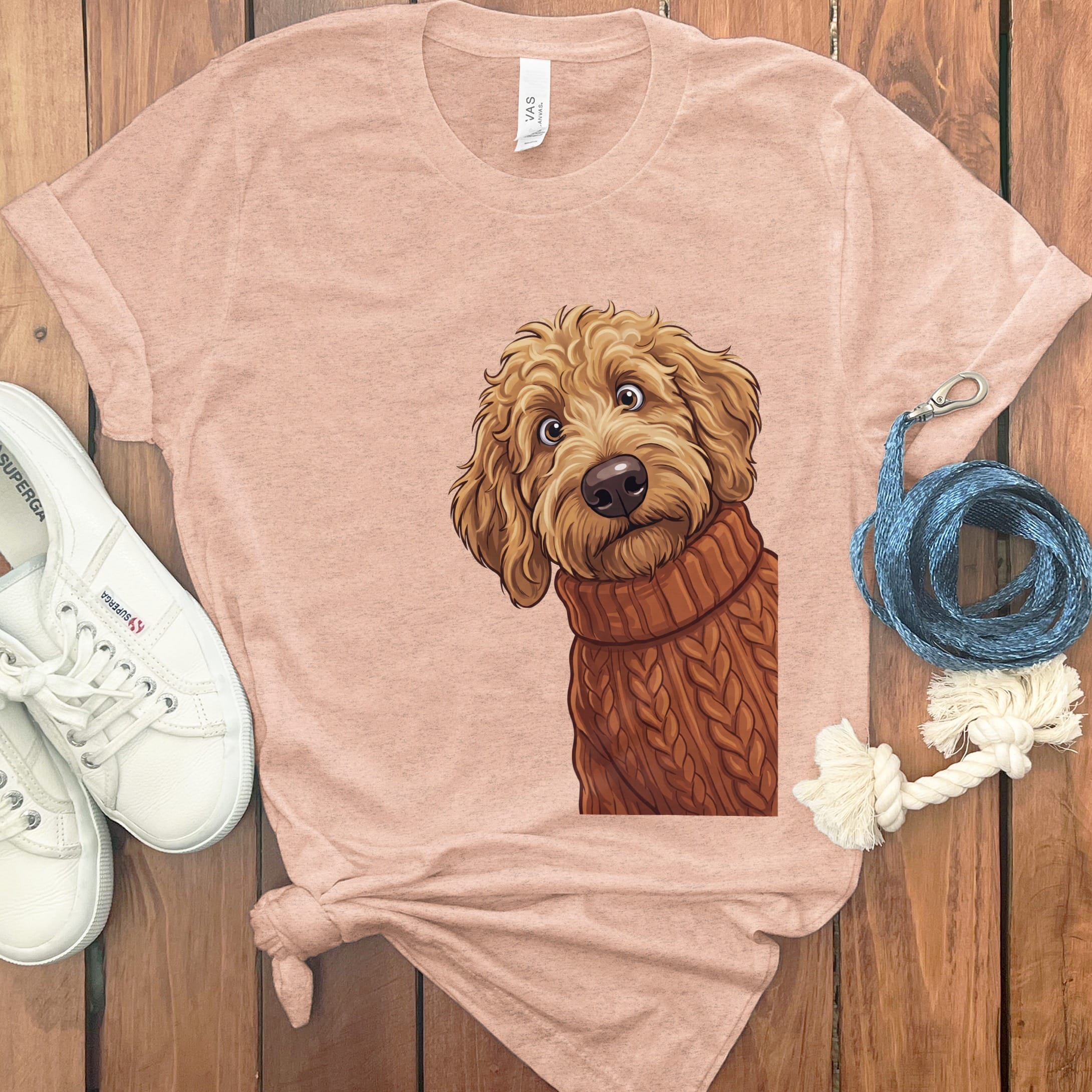 Sweater Weather Apricot Goldendoodle T-Shirt in Heather Peach / S by Puppy Jo