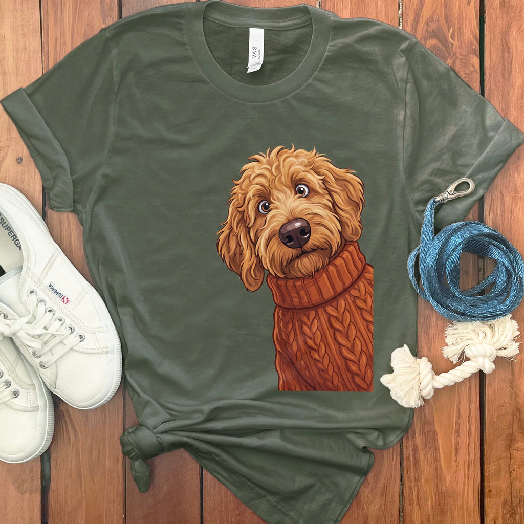 Sweater Weather Apricot Goldendoodle T-Shirt in Military Green / S by Puppy Jo