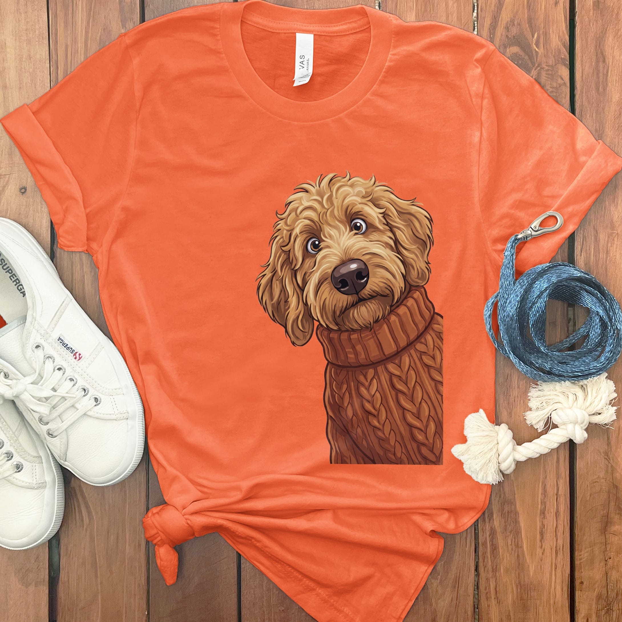 Sweater Weather Apricot Goldendoodle T-Shirt in Orange / S by Puppy Jo