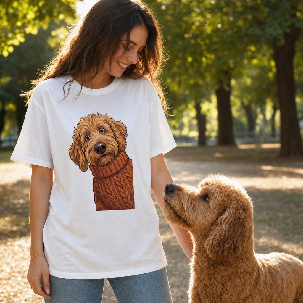 Sweater Weather Apricot Goldendoodle T-Shirt in by Puppy Jo