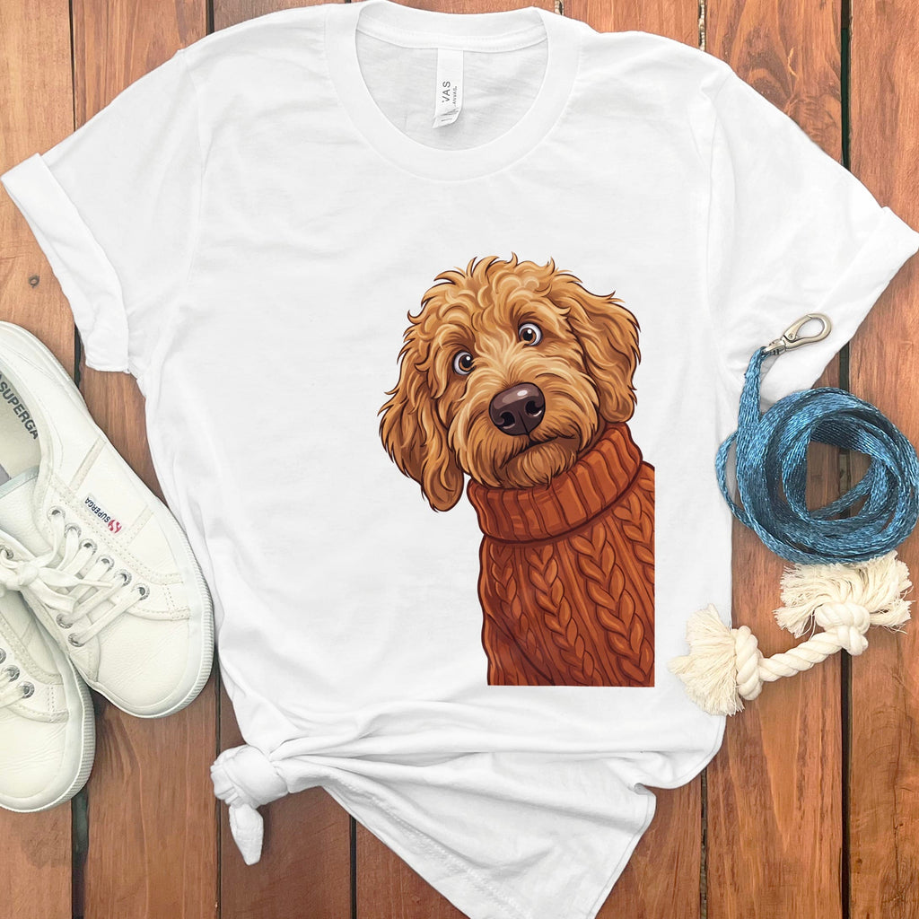 Sweater Weather Apricot Goldendoodle T-Shirt in White / S by Puppy Jo