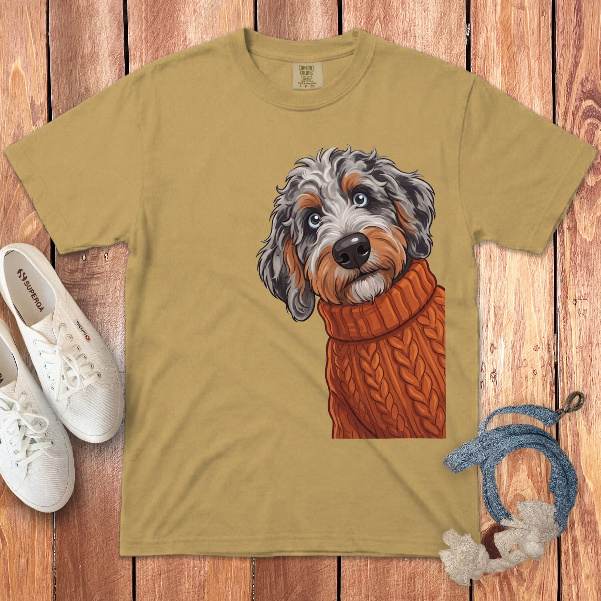 Sweater Weather Aussiedoodle Signature T-Shirt in Mustard / S / T-Shirts by Puppy Jo
