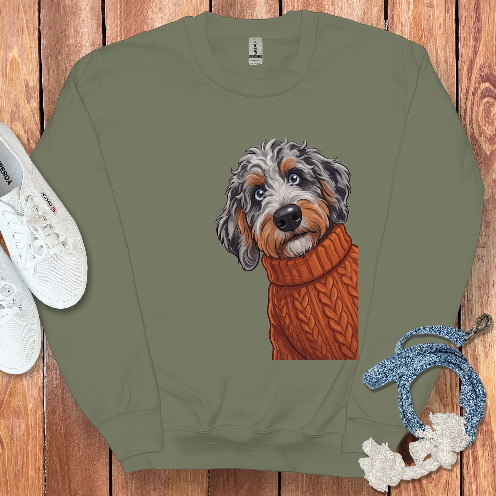 Sweater Weather Aussiedoodle Sweatshirt in Military Green / S by Puppy Jo