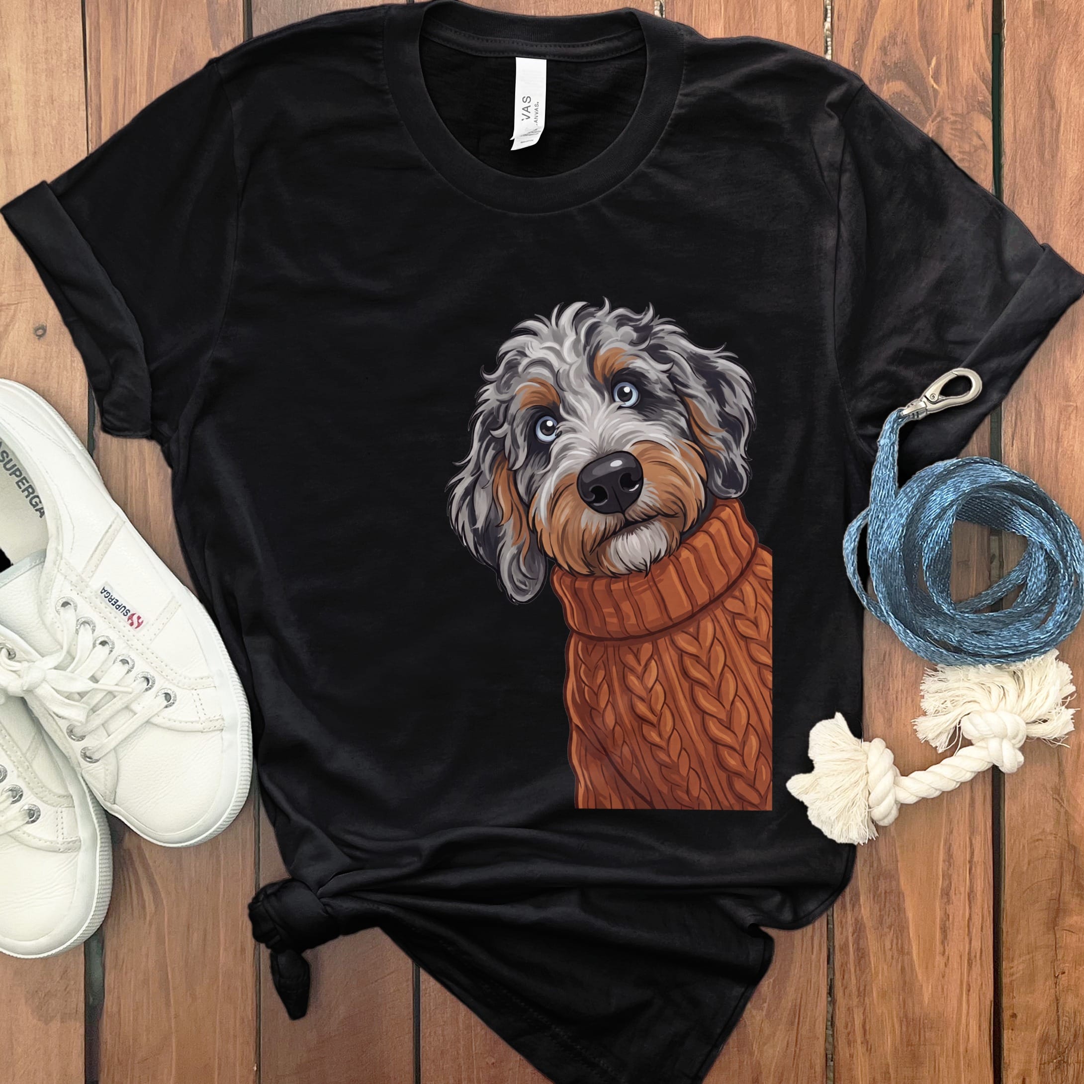 Sweater Weather Aussiedoodle T-Shirt in Black / S by Puppy Jo