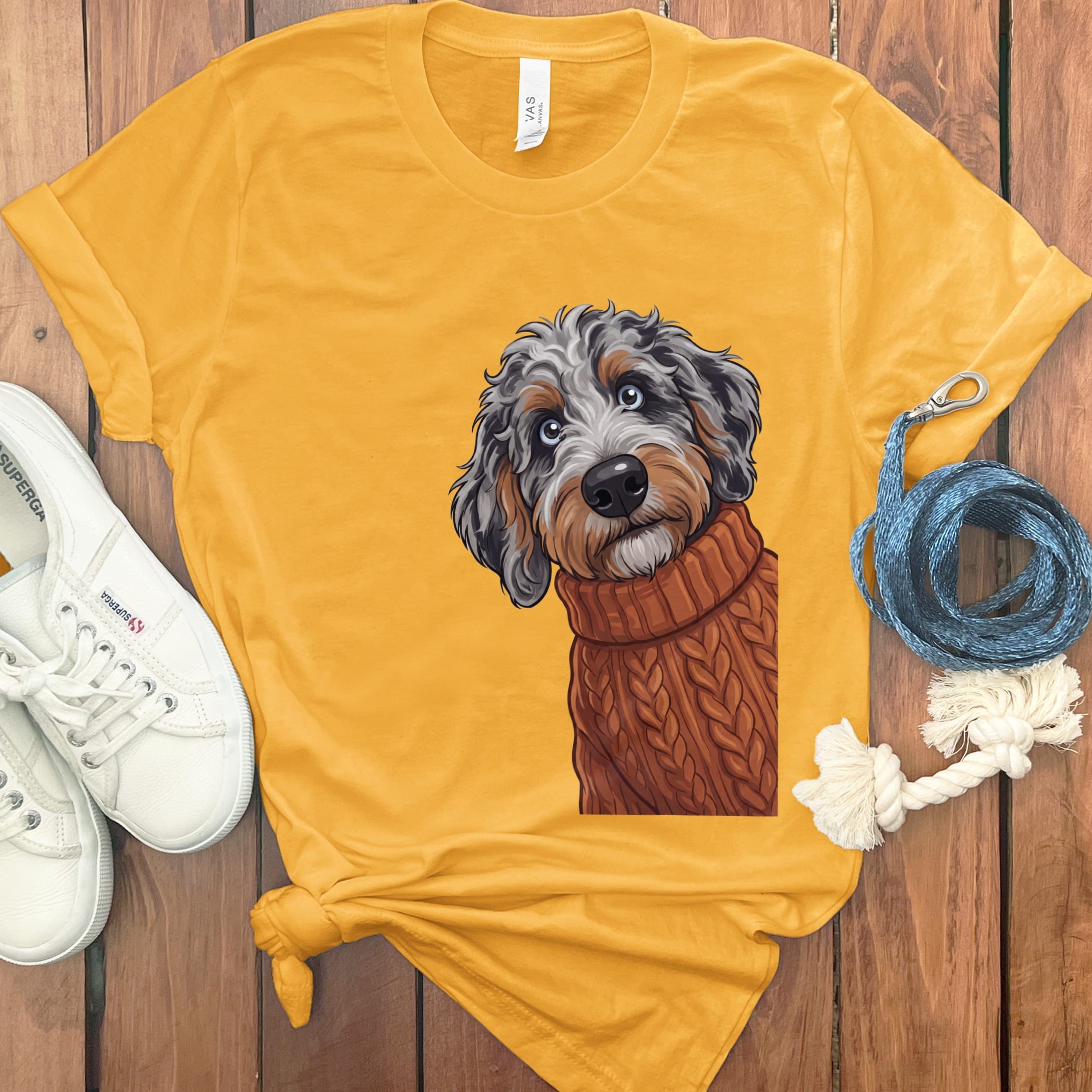 Sweater Weather Aussiedoodle T-Shirt in Gold / S by Puppy Jo