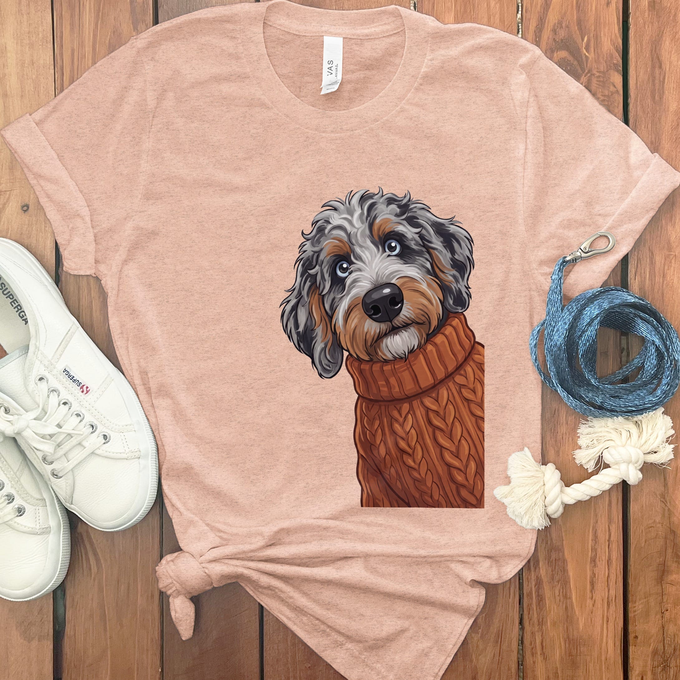Sweater Weather Aussiedoodle T-Shirt in Heather Peach / S by Puppy Jo