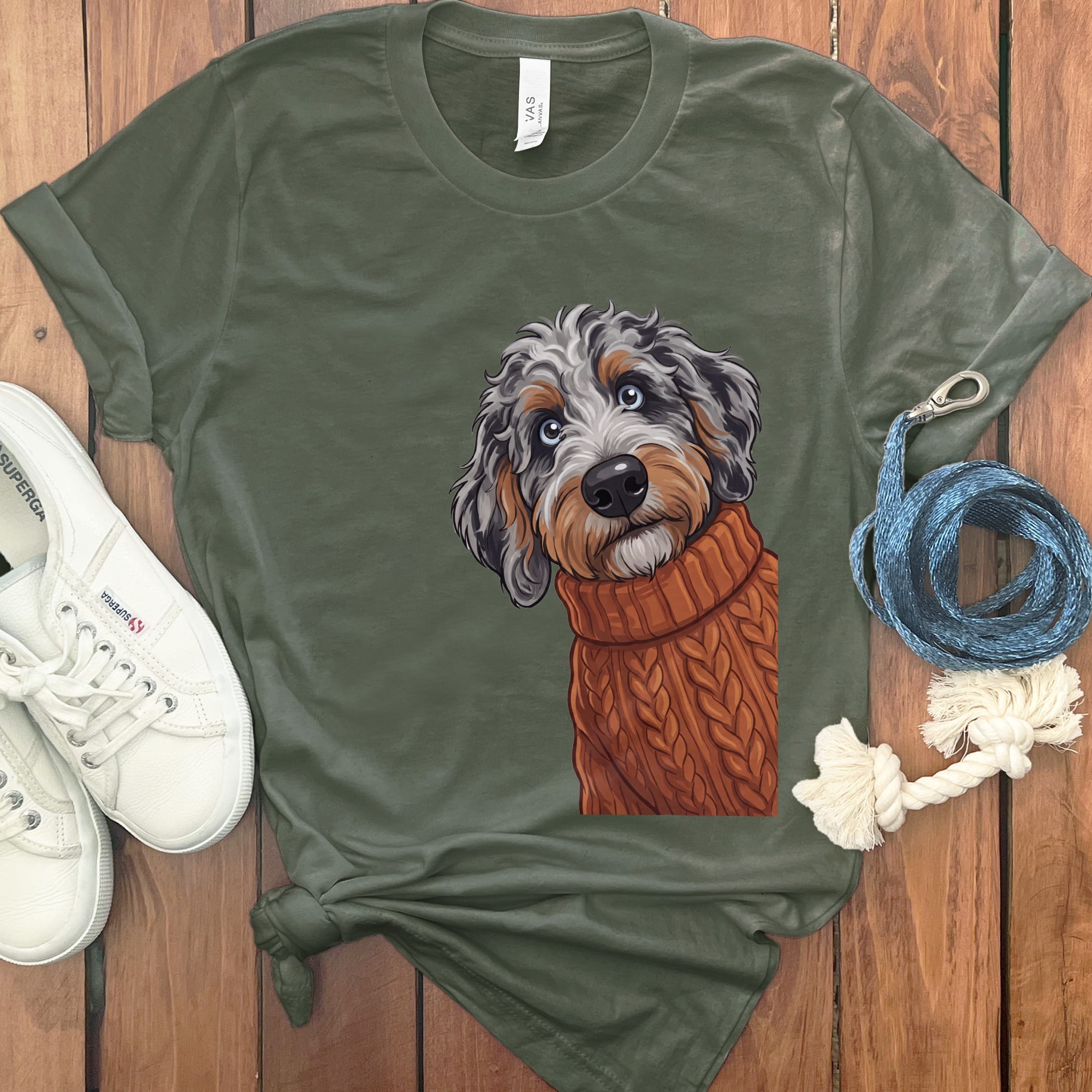 Sweater Weather Aussiedoodle T-Shirt in Military Green / S by Puppy Jo