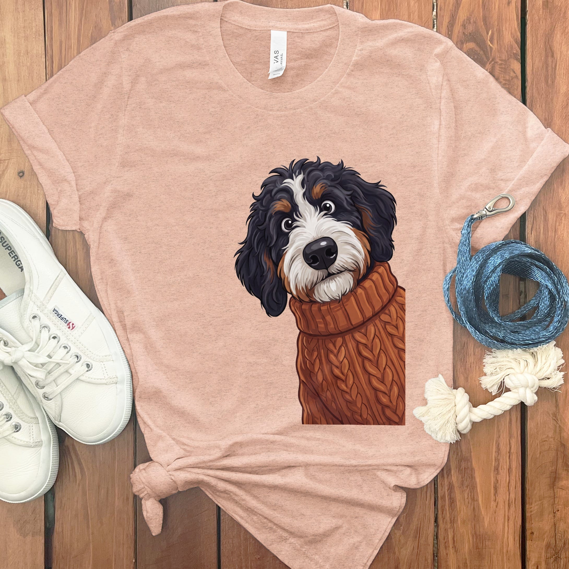 Sweater Weather Bernedoodle T-Shirt in Heather Peach / S by Puppy Jo
