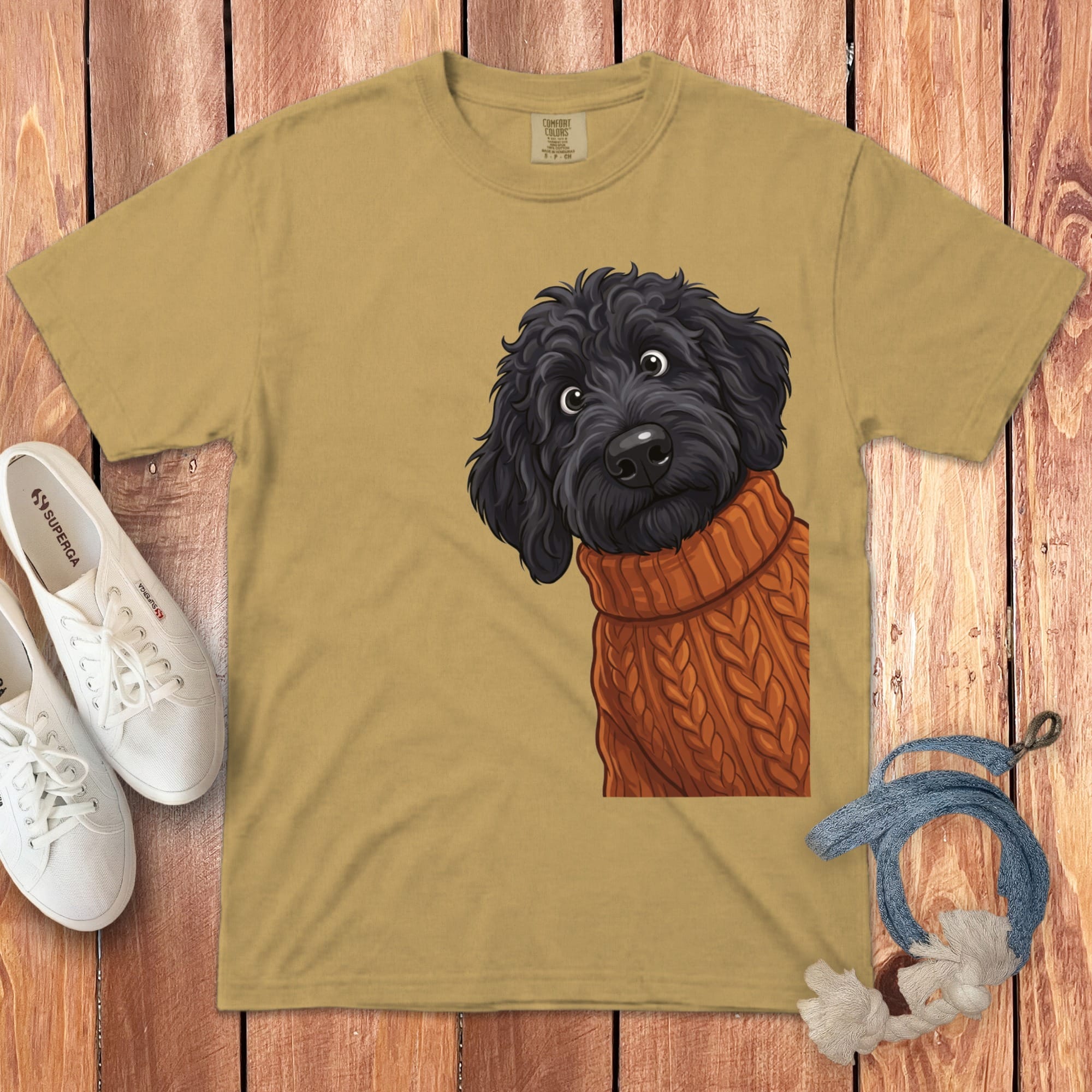 Sweater Weather Black Goldendoodle Signature T-Shirt in Mustard / S / T-Shirts by Puppy Jo