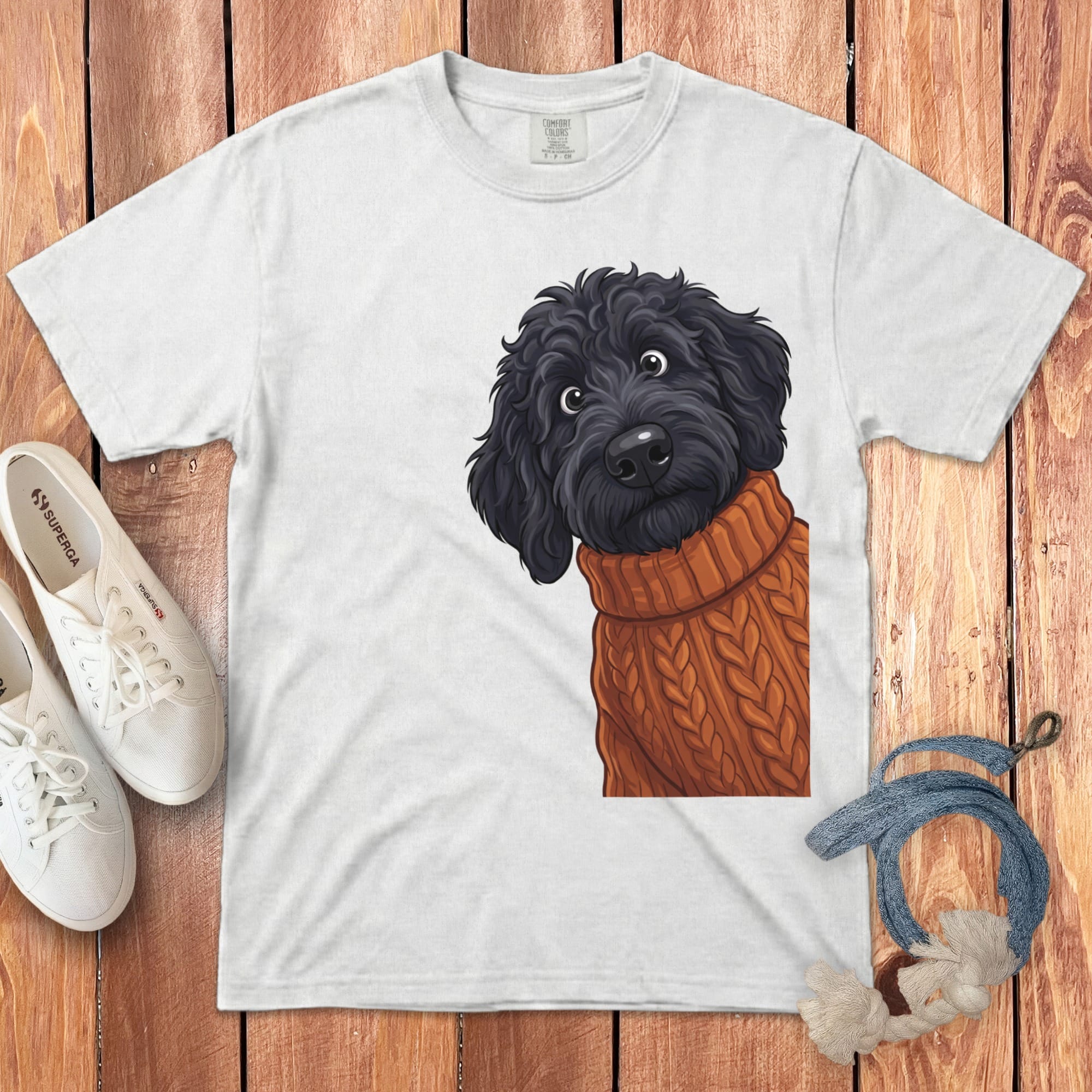 Sweater Weather Black Goldendoodle Signature T-Shirt in White / S / T-Shirts by Puppy Jo
