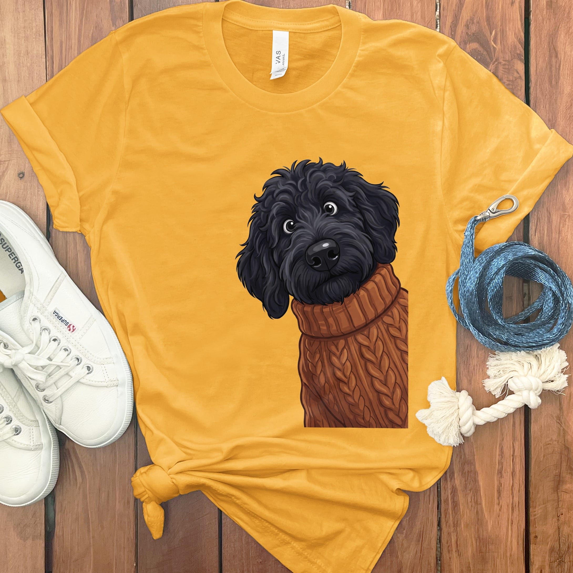 Sweater Weather Black Goldendoodle T-Shirt in Gold / S by Puppy Jo