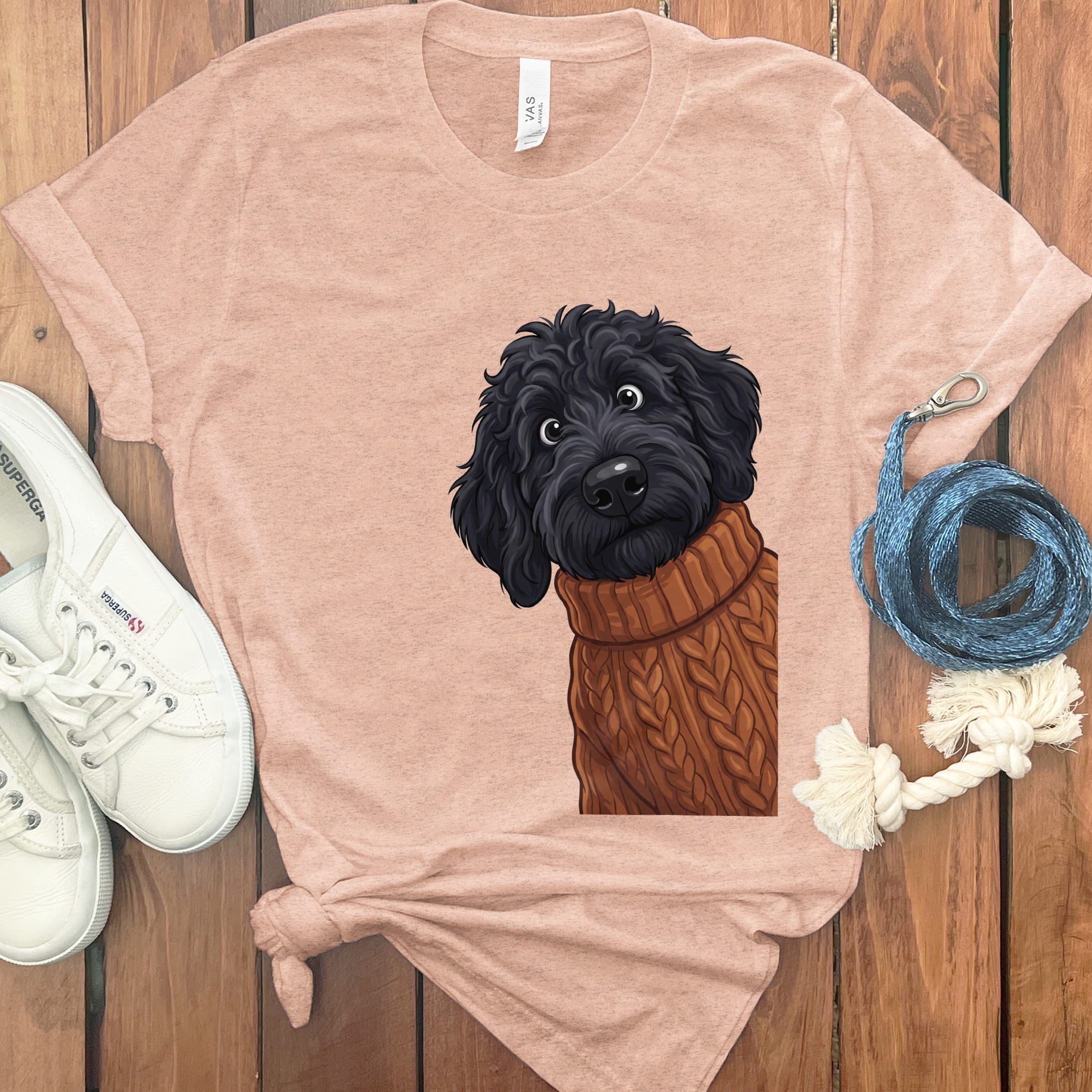 Sweater Weather Black Goldendoodle T-Shirt in Heather Peach / S by Puppy Jo