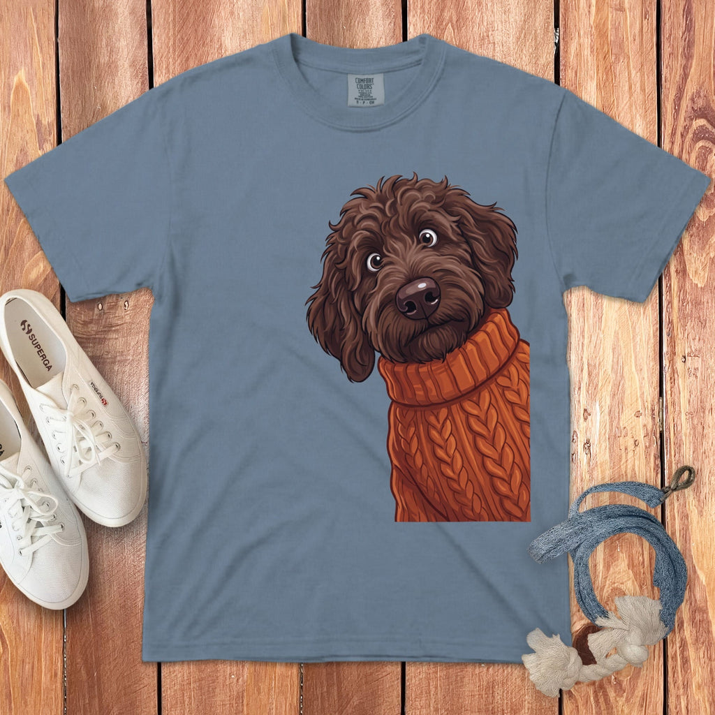 Sweater Weather Chocolate Goldendoodle Signature T-Shirt in Blue Jean / S / T-Shirts by Puppy Jo