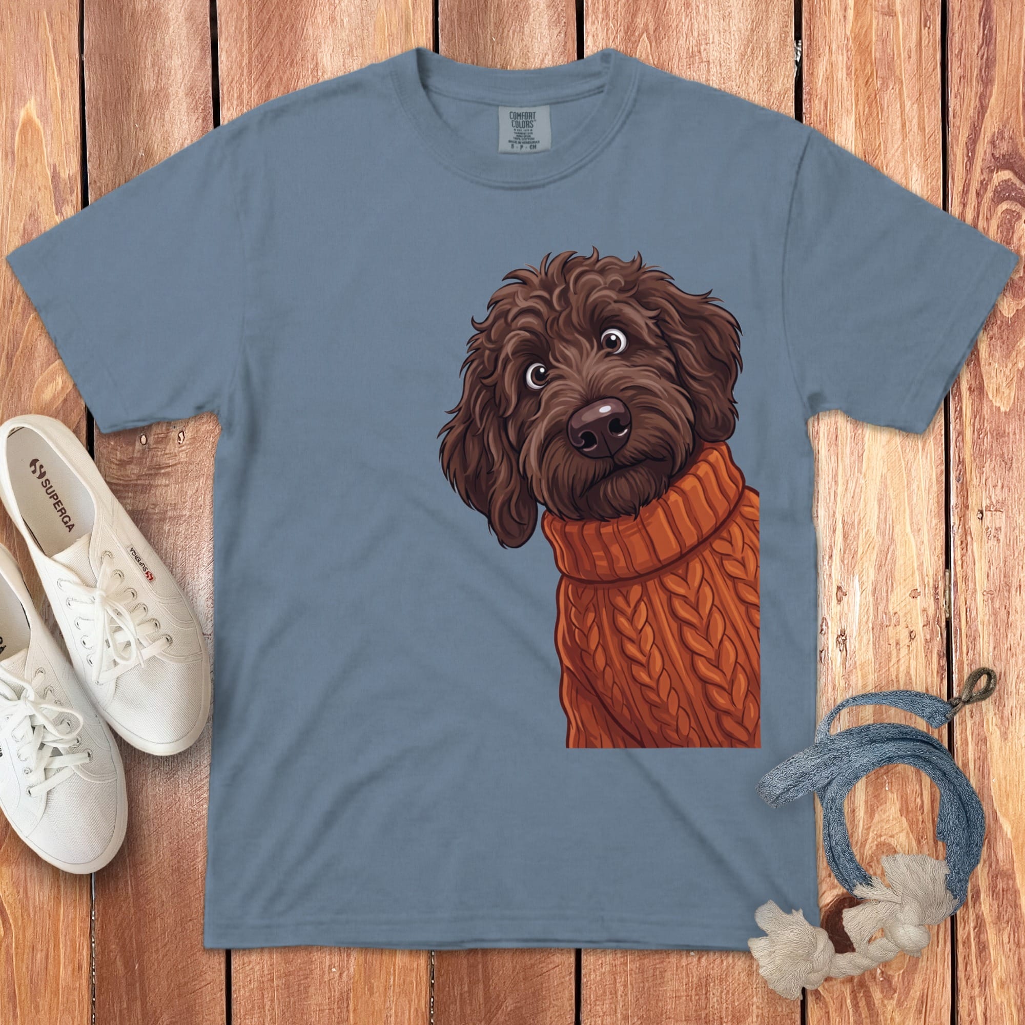 Sweater Weather Chocolate Goldendoodle Signature T-Shirt in Blue Jean / S / T-Shirts by Puppy Jo