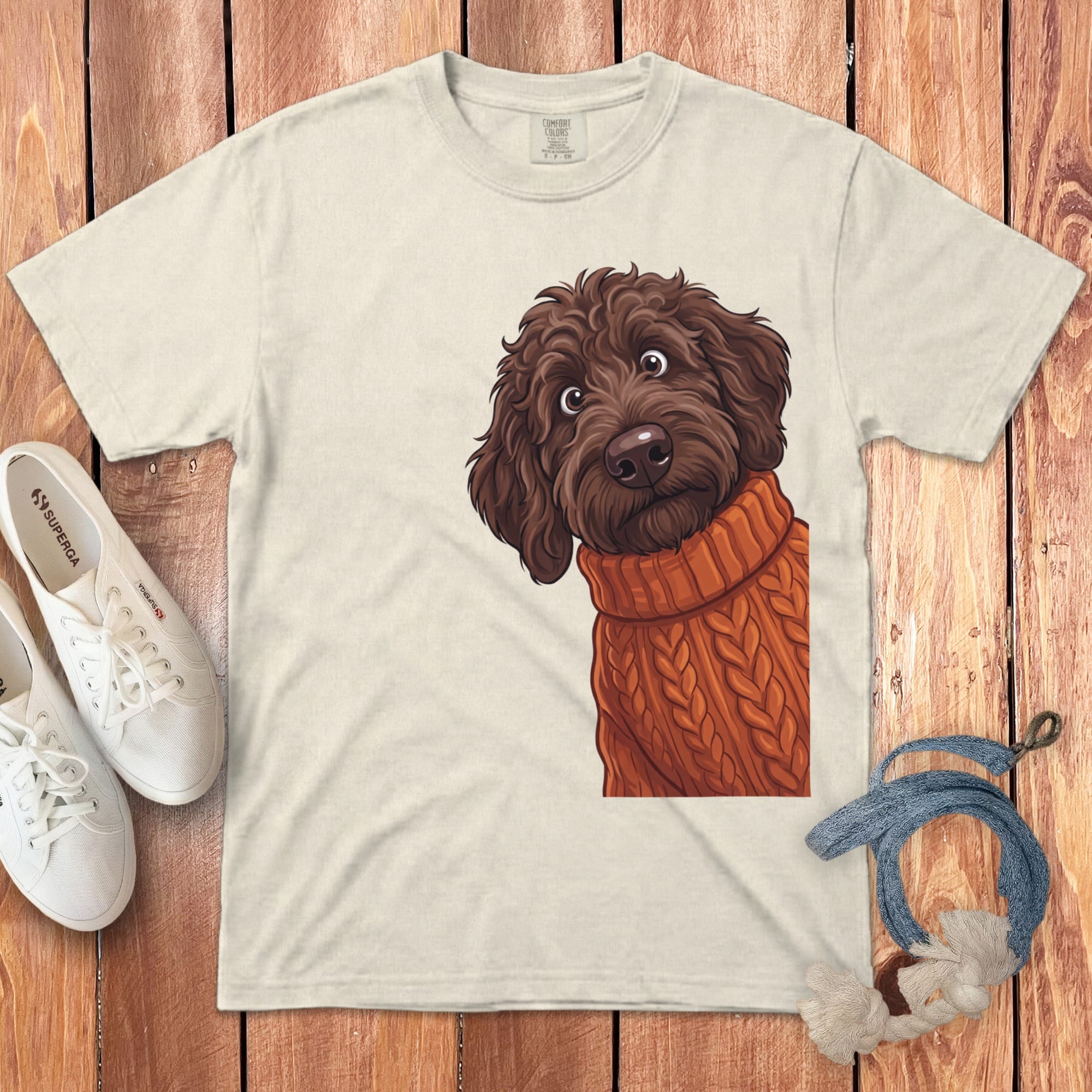 Sweater Weather Chocolate Goldendoodle Signature T-Shirt in Ivory / S / T-Shirts by Puppy Jo