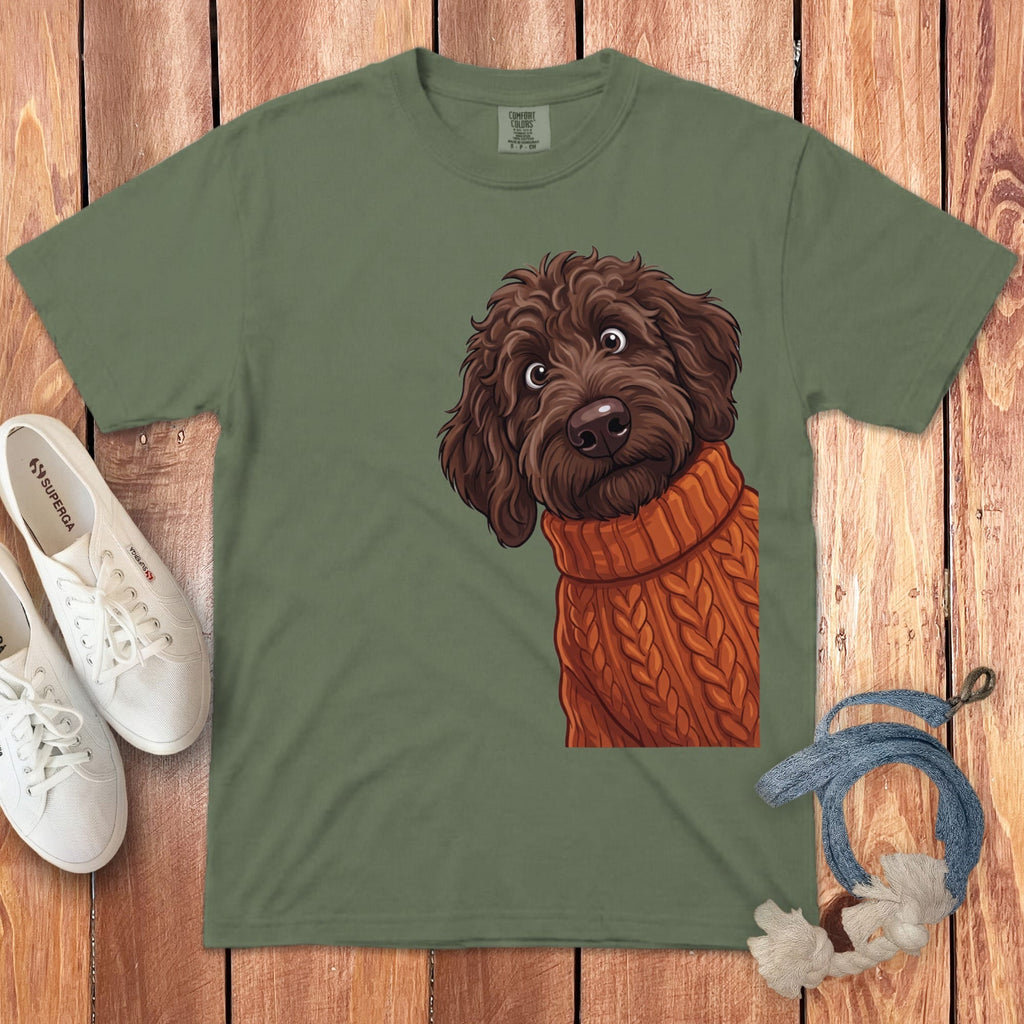 Sweater Weather Chocolate Goldendoodle Signature T-Shirt in Moss / S / T-Shirts by Puppy Jo