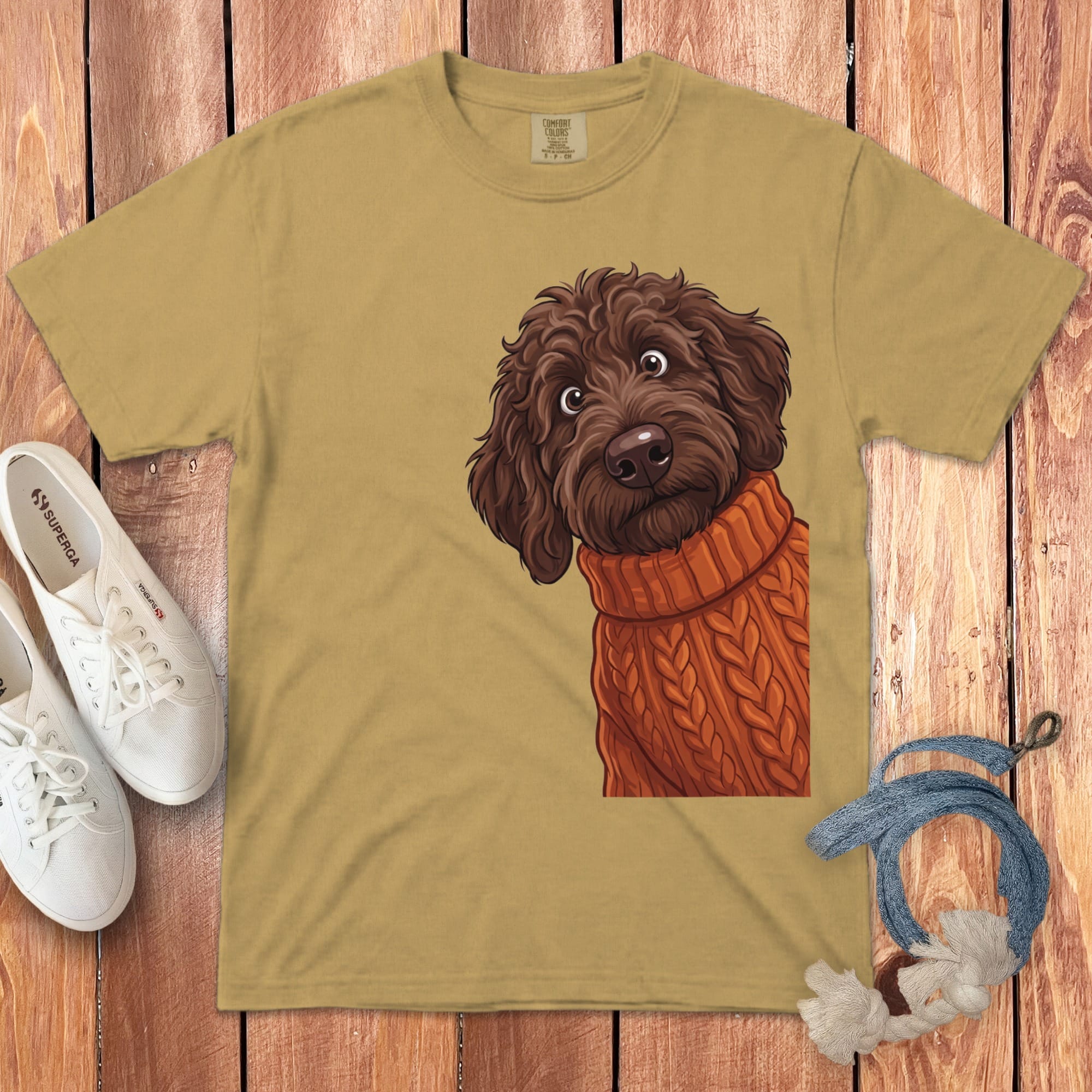 Sweater Weather Chocolate Goldendoodle Signature T-Shirt in Mustard / S / T-Shirts by Puppy Jo