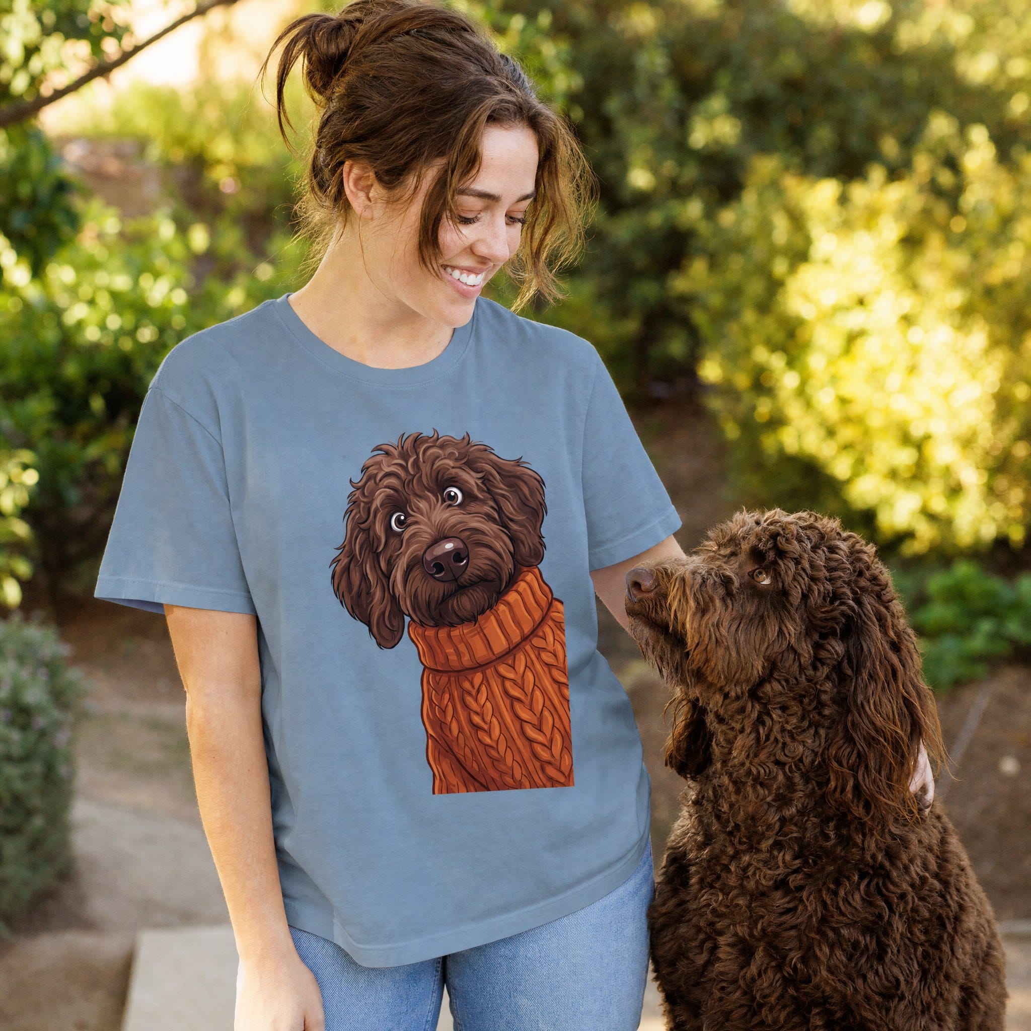 Sweater Weather Chocolate Goldendoodle Signature T-Shirt in by Puppy Jo