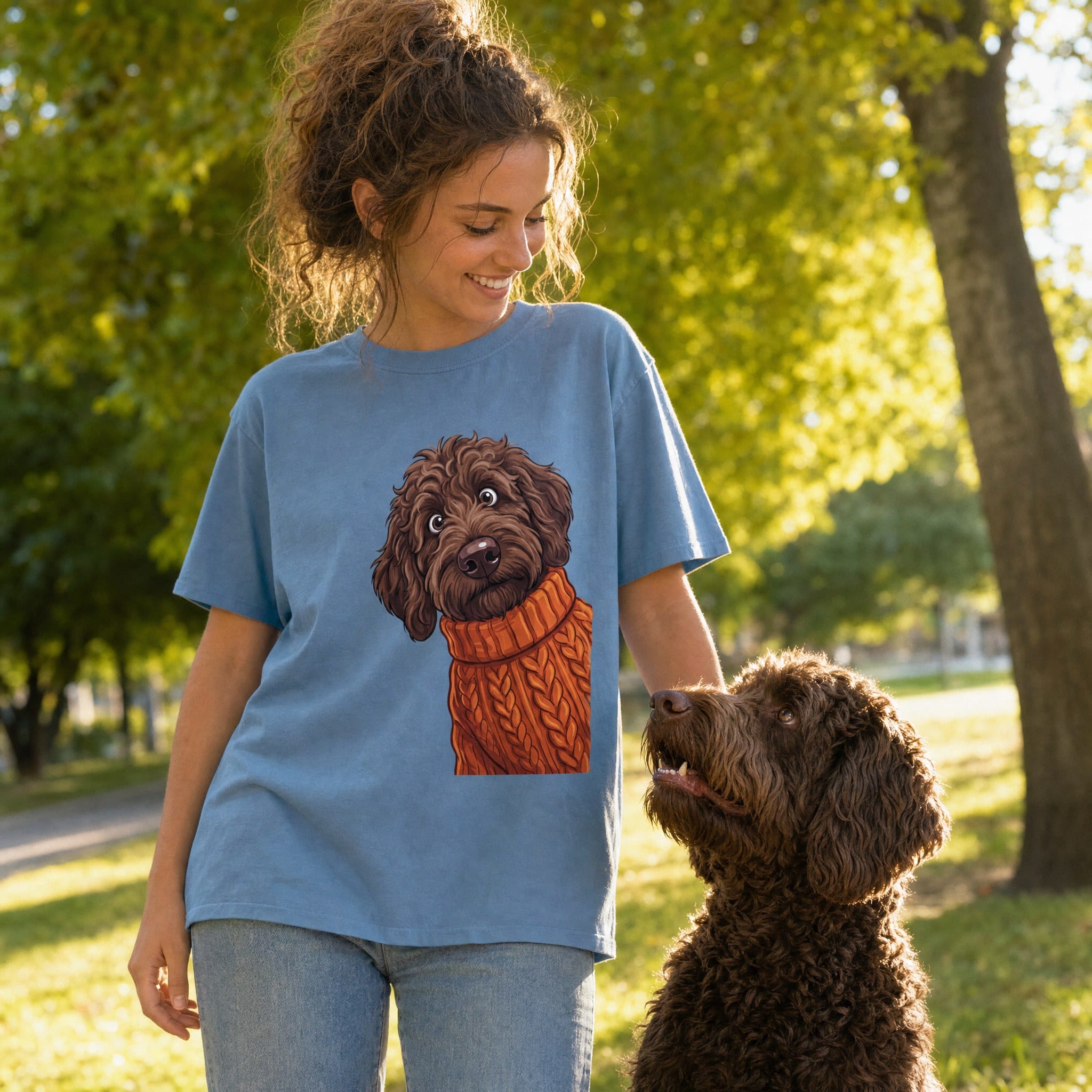 Sweater Weather Chocolate Goldendoodle Signature T-Shirt in by Puppy Jo
