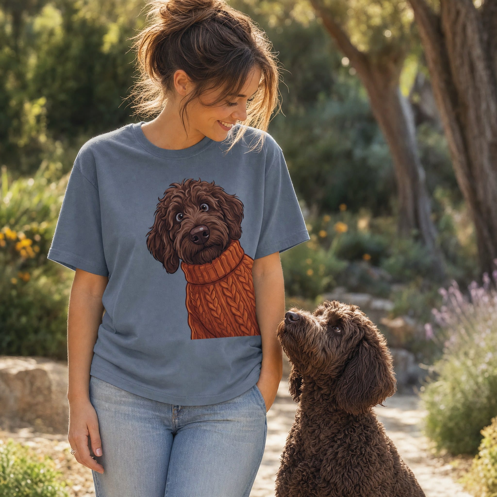 Sweater Weather Chocolate Goldendoodle Signature T-Shirt in by Puppy Jo