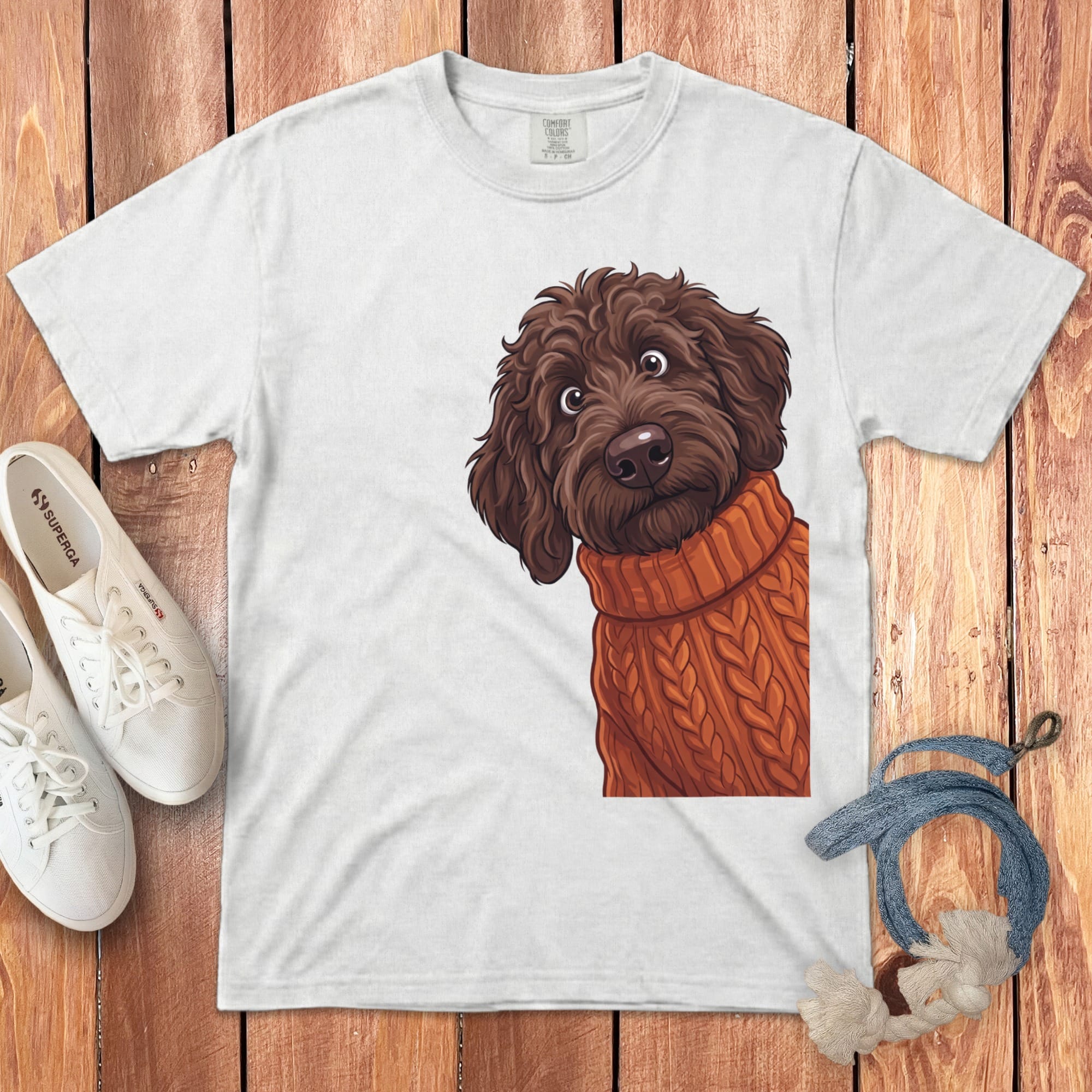 Sweater Weather Chocolate Goldendoodle Signature T-Shirt in White / S / T-Shirts by Puppy Jo