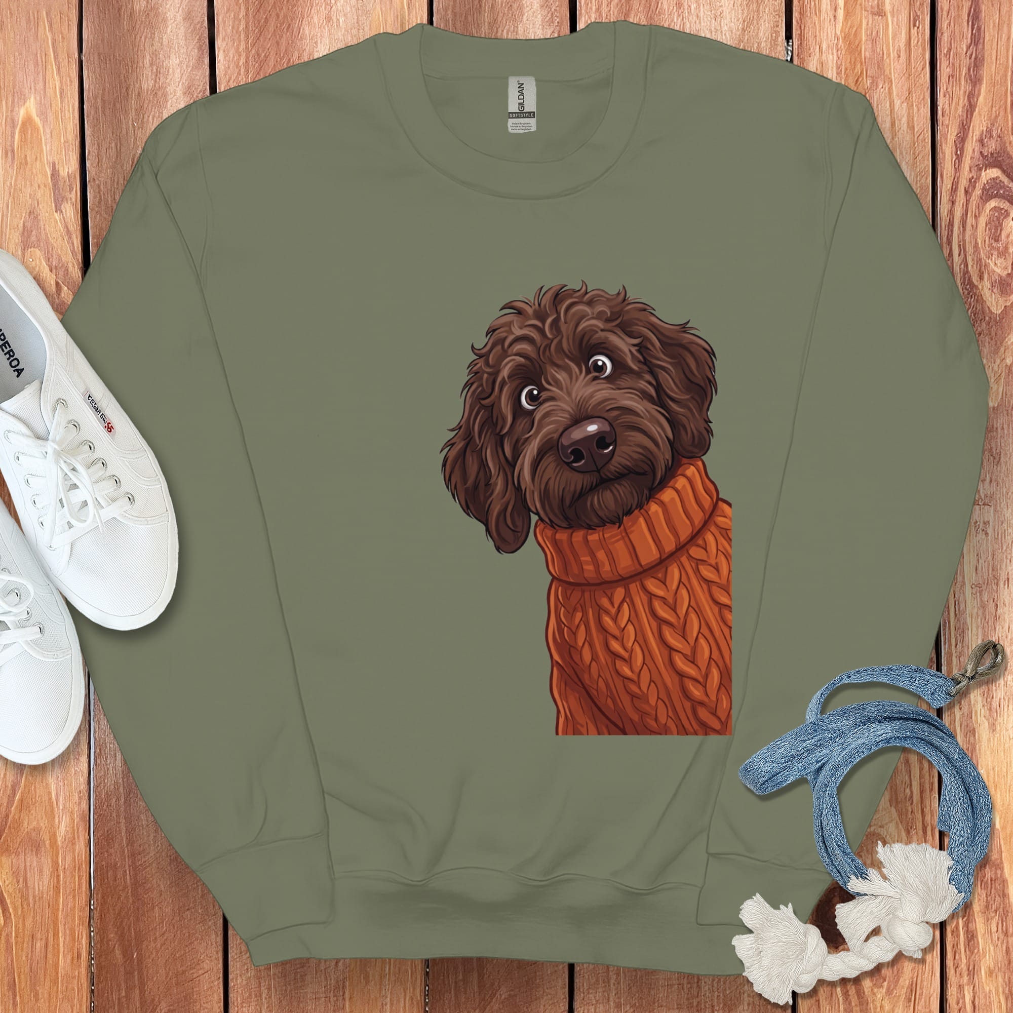 Sweater Weather Chocolate Goldendoodle Sweatshirt in Military Green / S by Puppy Jo