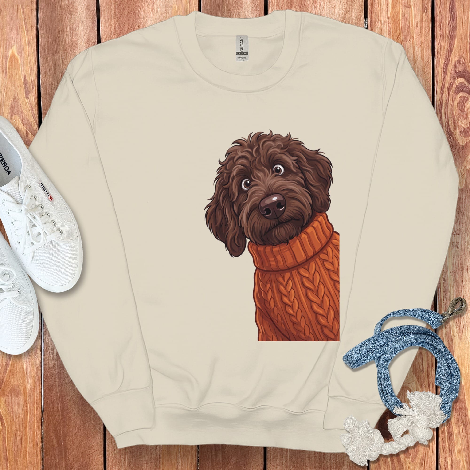 Sweater Weather Chocolate Goldendoodle Sweatshirt in Sand / S by Puppy Jo
