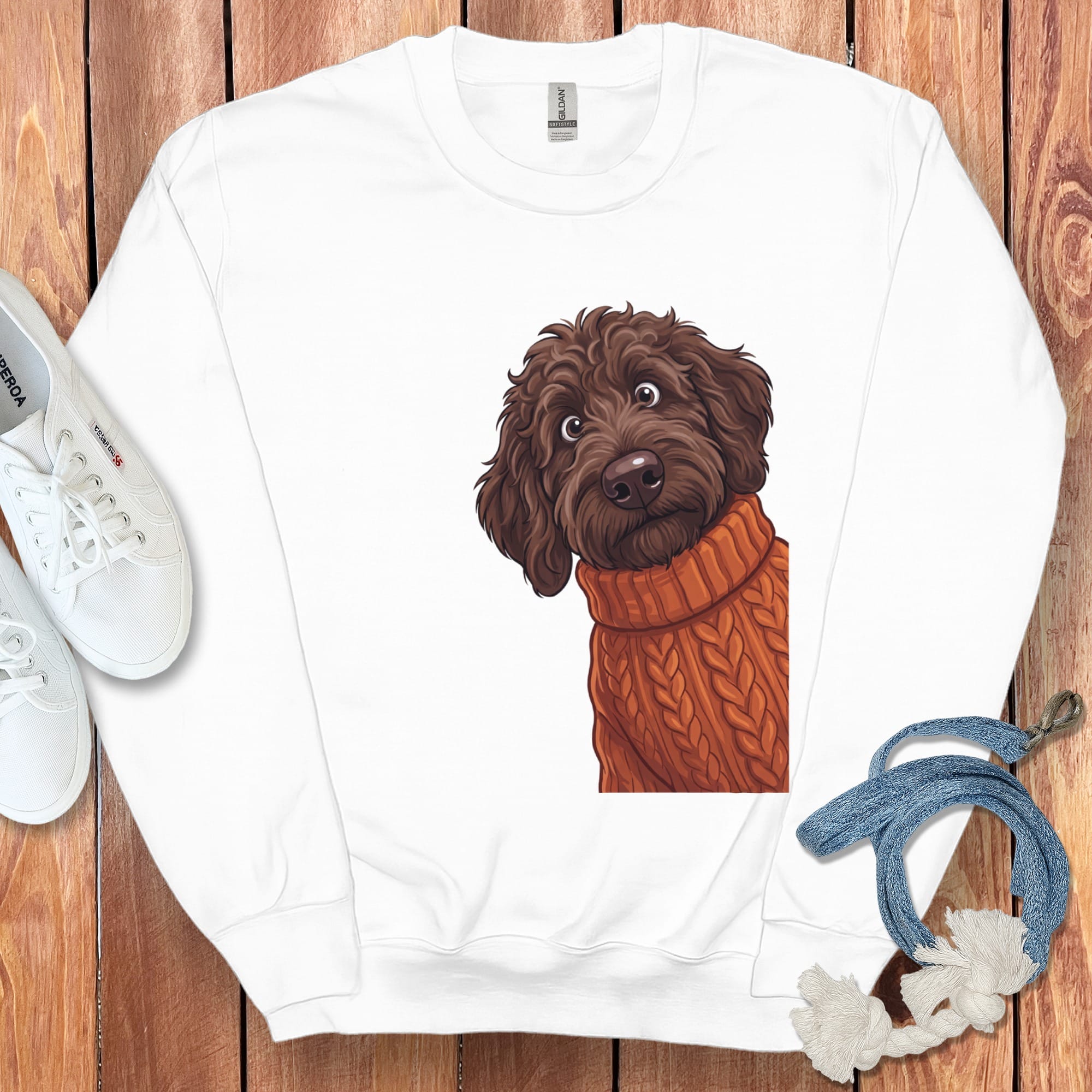 Sweater Weather Chocolate Goldendoodle Sweatshirt in White / S by Puppy Jo