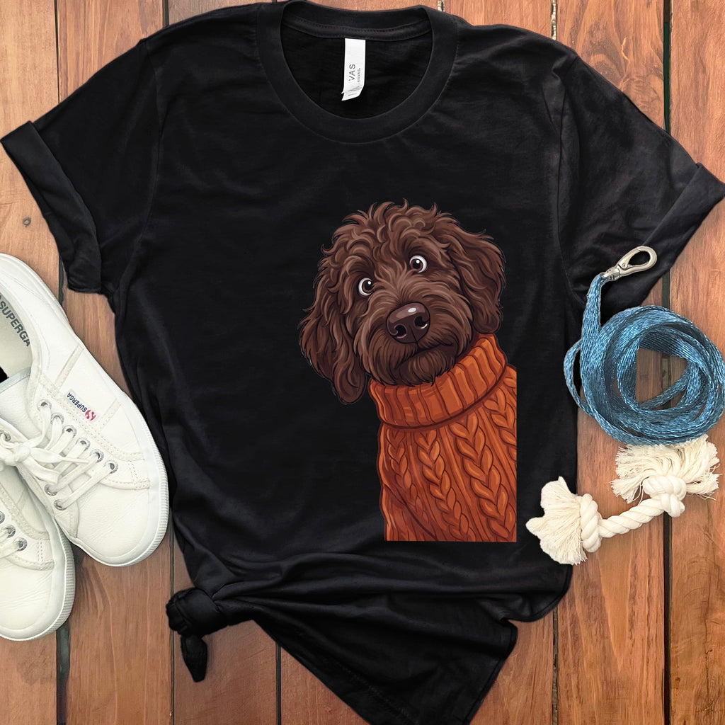 Sweater Weather Chocolate Goldendoodle T-Shirt in Black / S by Puppy Jo