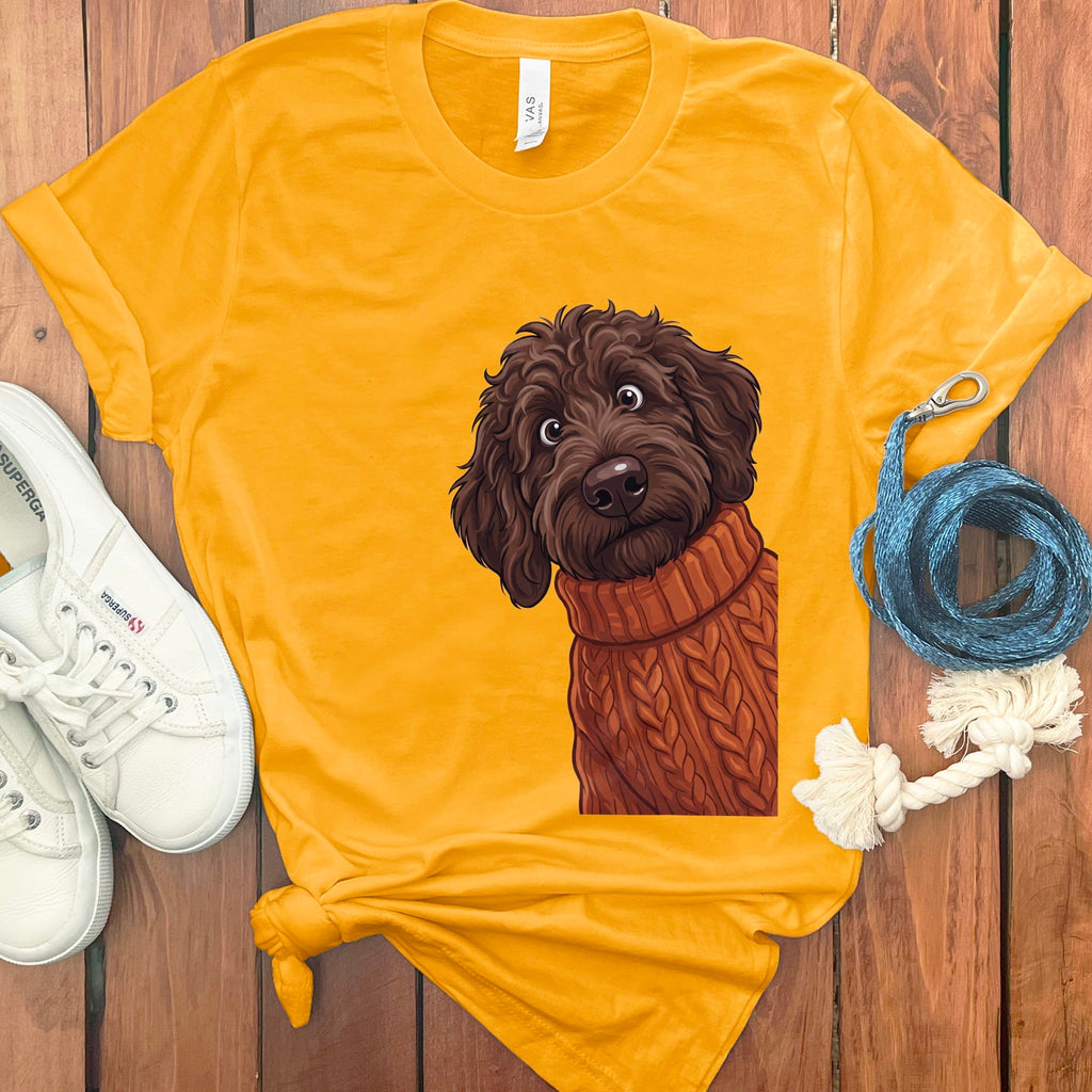 Sweater Weather Chocolate Goldendoodle T-Shirt in Gold / S by Puppy Jo