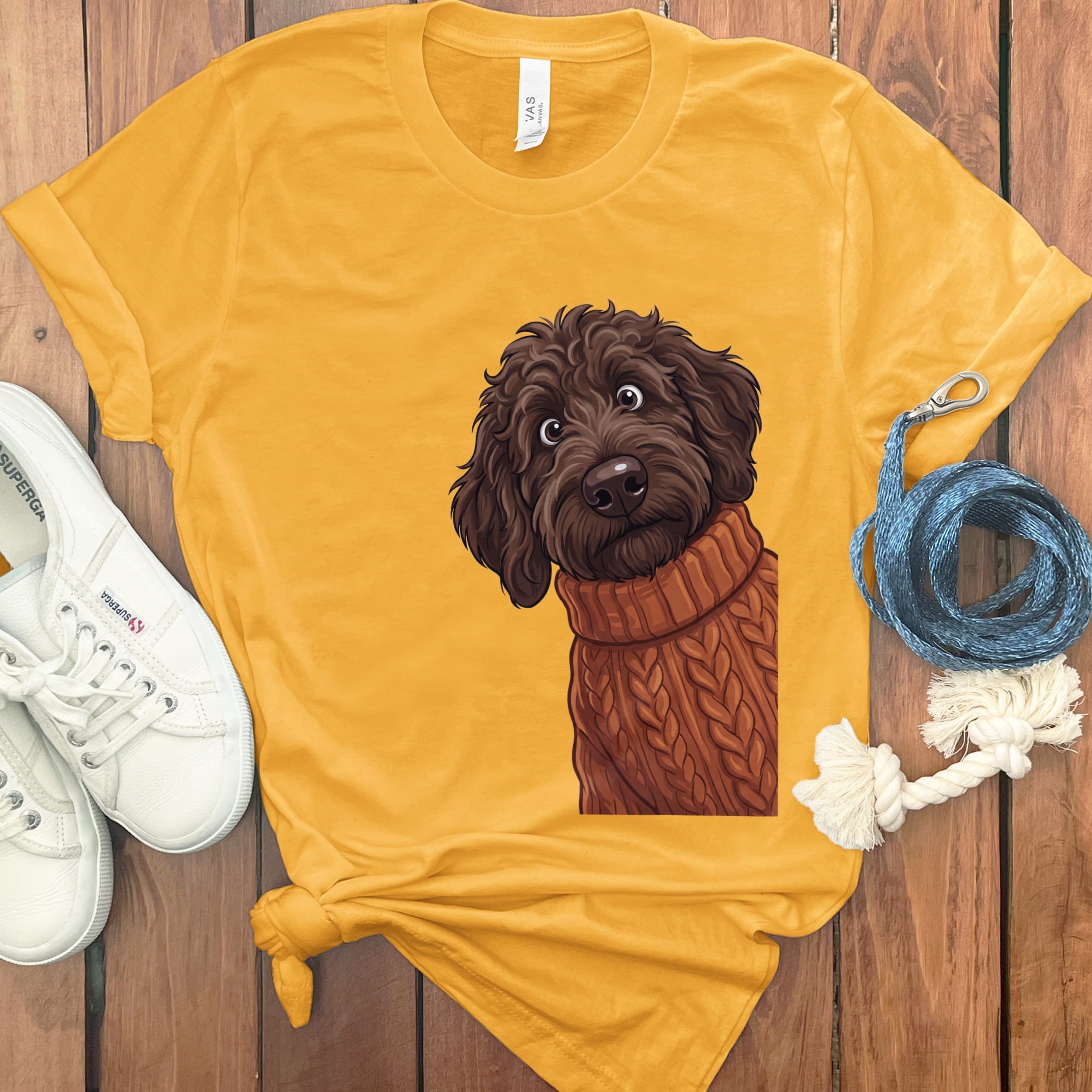 Sweater Weather Chocolate Goldendoodle T-Shirt in Gold / S by Puppy Jo