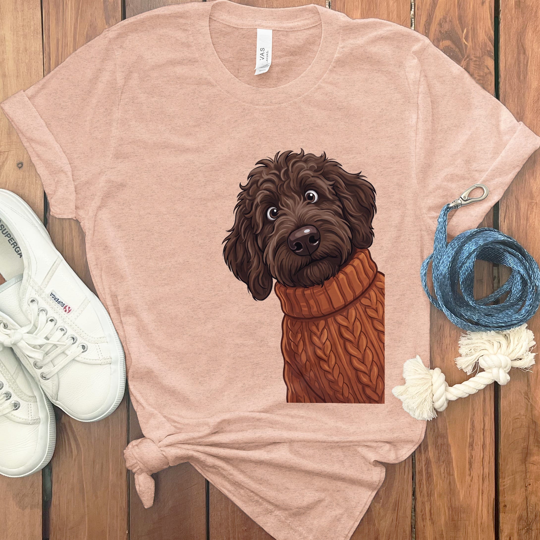 Sweater Weather Chocolate Goldendoodle T-Shirt in Heather Peach / S by Puppy Jo