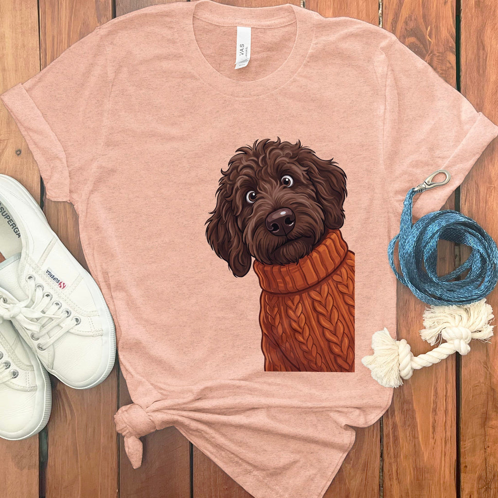 Sweater Weather Chocolate Goldendoodle T-Shirt in Heather Peach / S by Puppy Jo