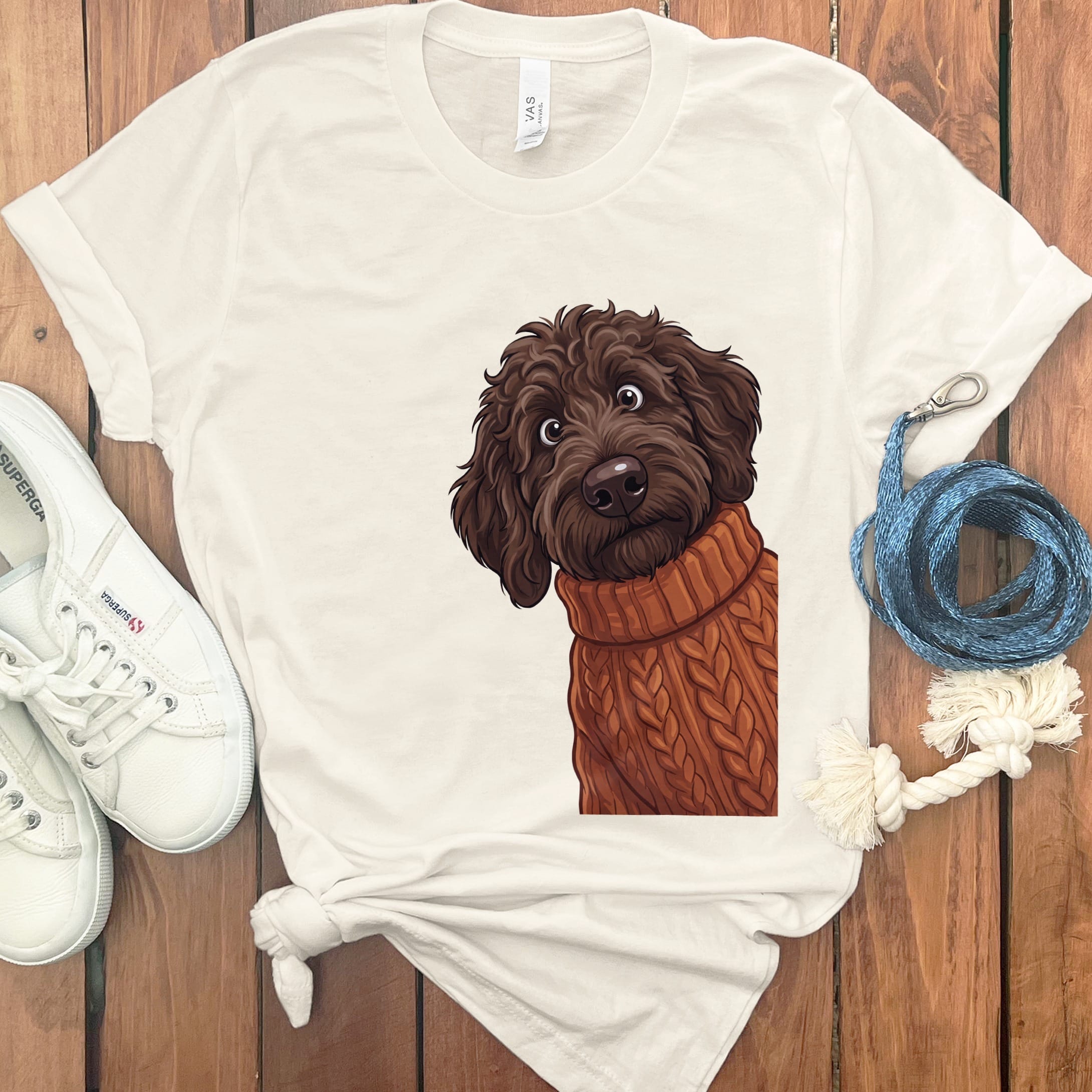 Sweater Weather Chocolate Goldendoodle T-Shirt in Natural / S by Puppy Jo