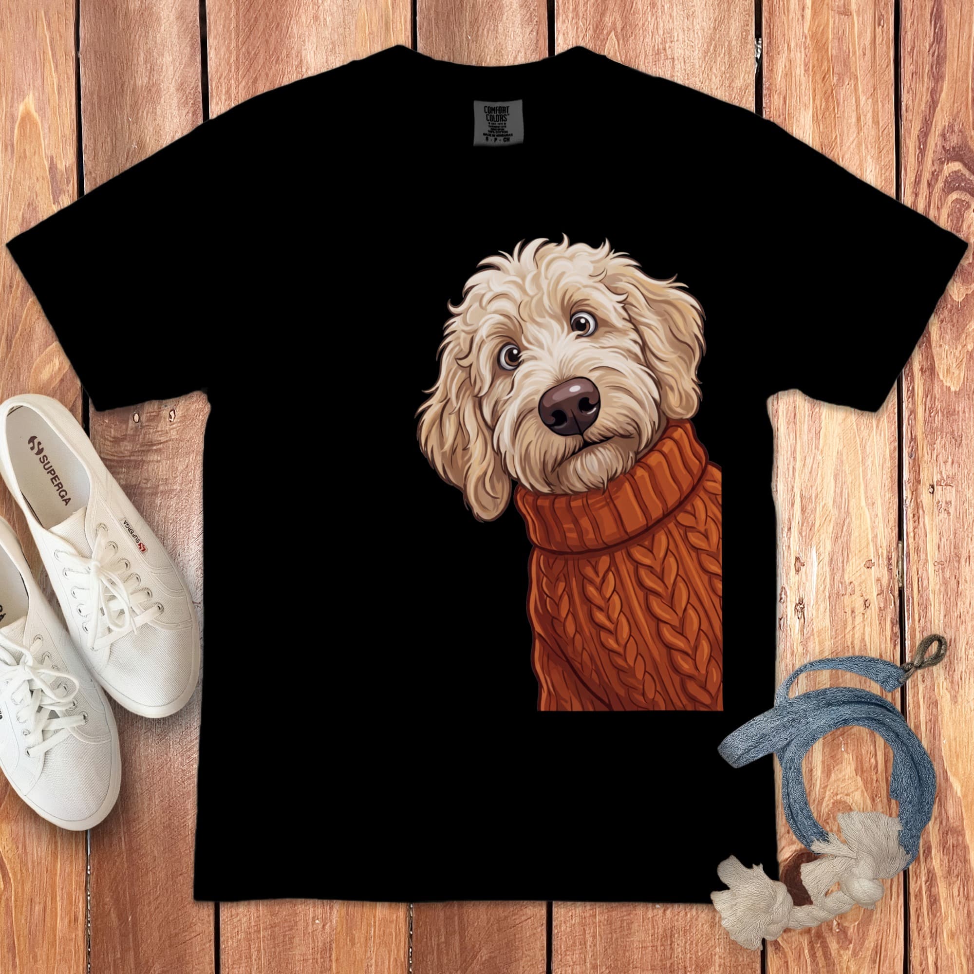 Sweater Weather Cream Goldendoodle Signature T-Shirt in Black / S / T-Shirts by Puppy Jo