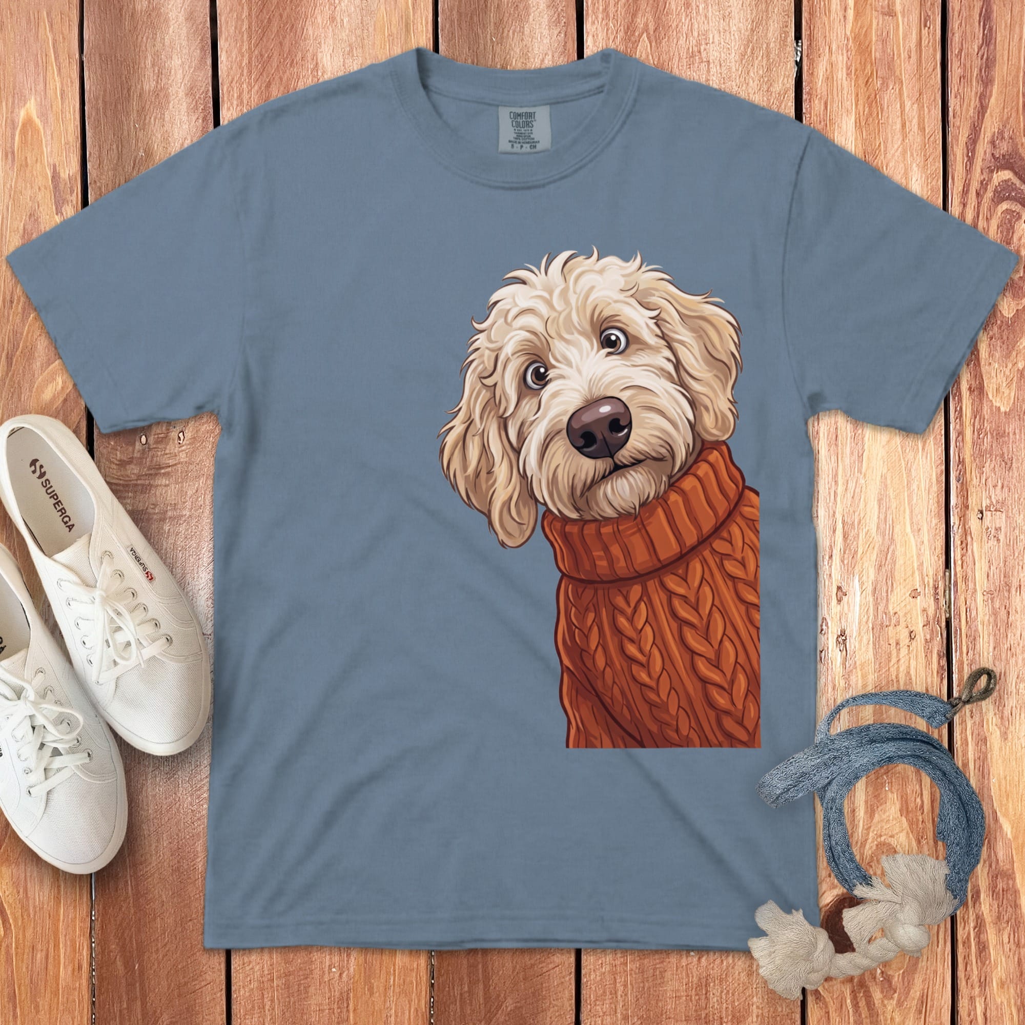 Sweater Weather Cream Goldendoodle Signature T-Shirt in Blue Jean / S / T-Shirts by Puppy Jo