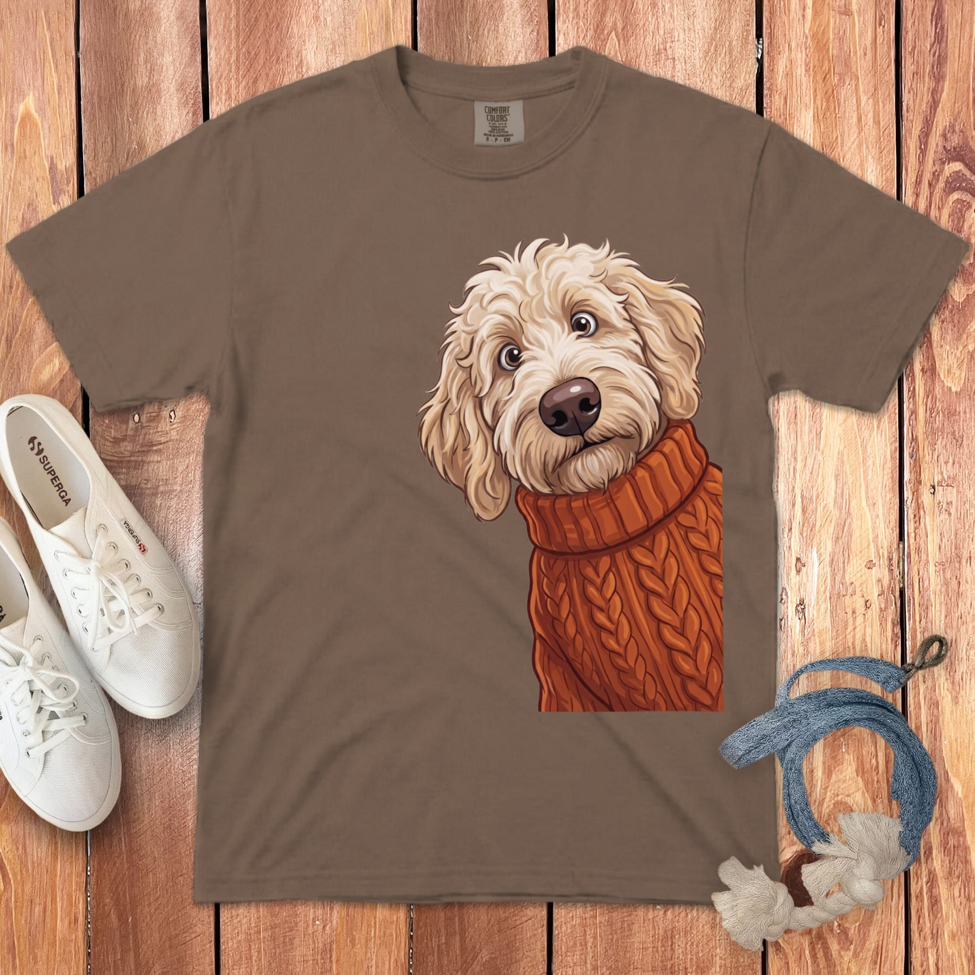 Sweater Weather Cream Goldendoodle Signature T-Shirt in Espresso / S / T-Shirts by Puppy Jo