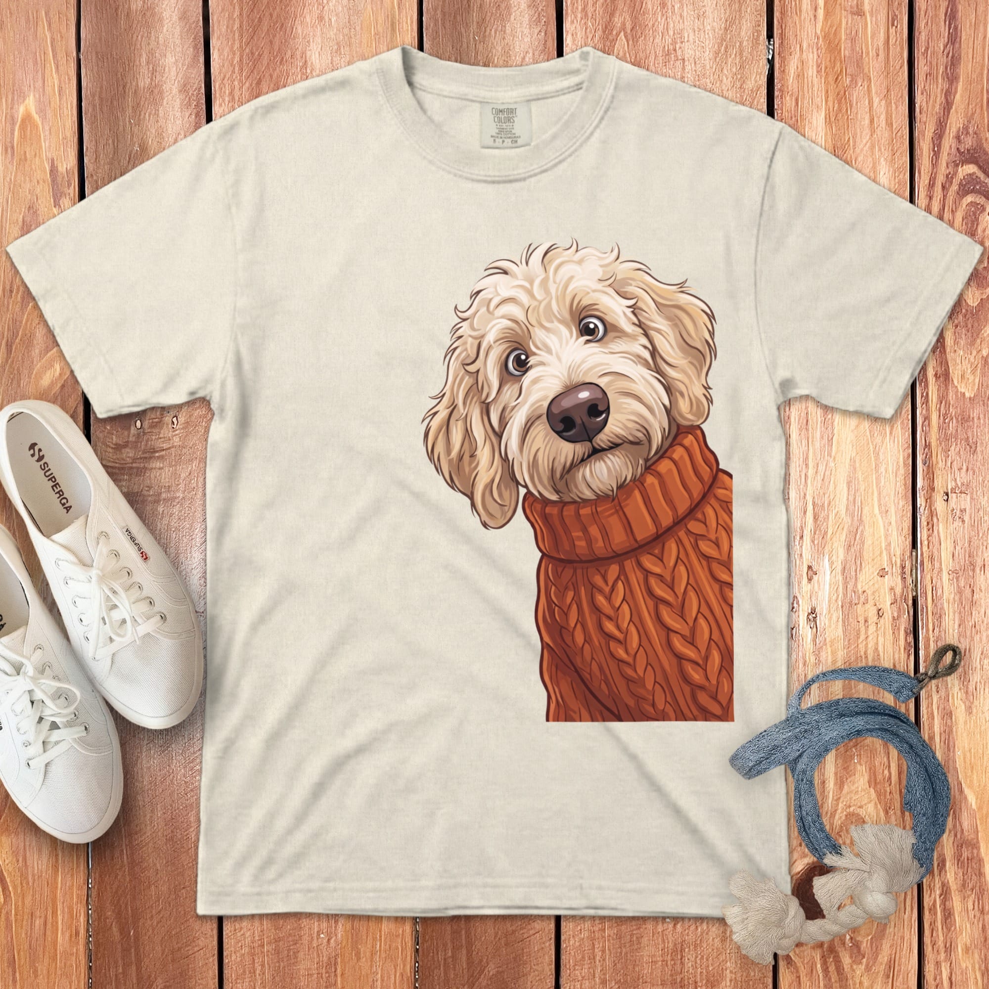Sweater Weather Cream Goldendoodle Signature T-Shirt in Ivory / S / T-Shirts by Puppy Jo