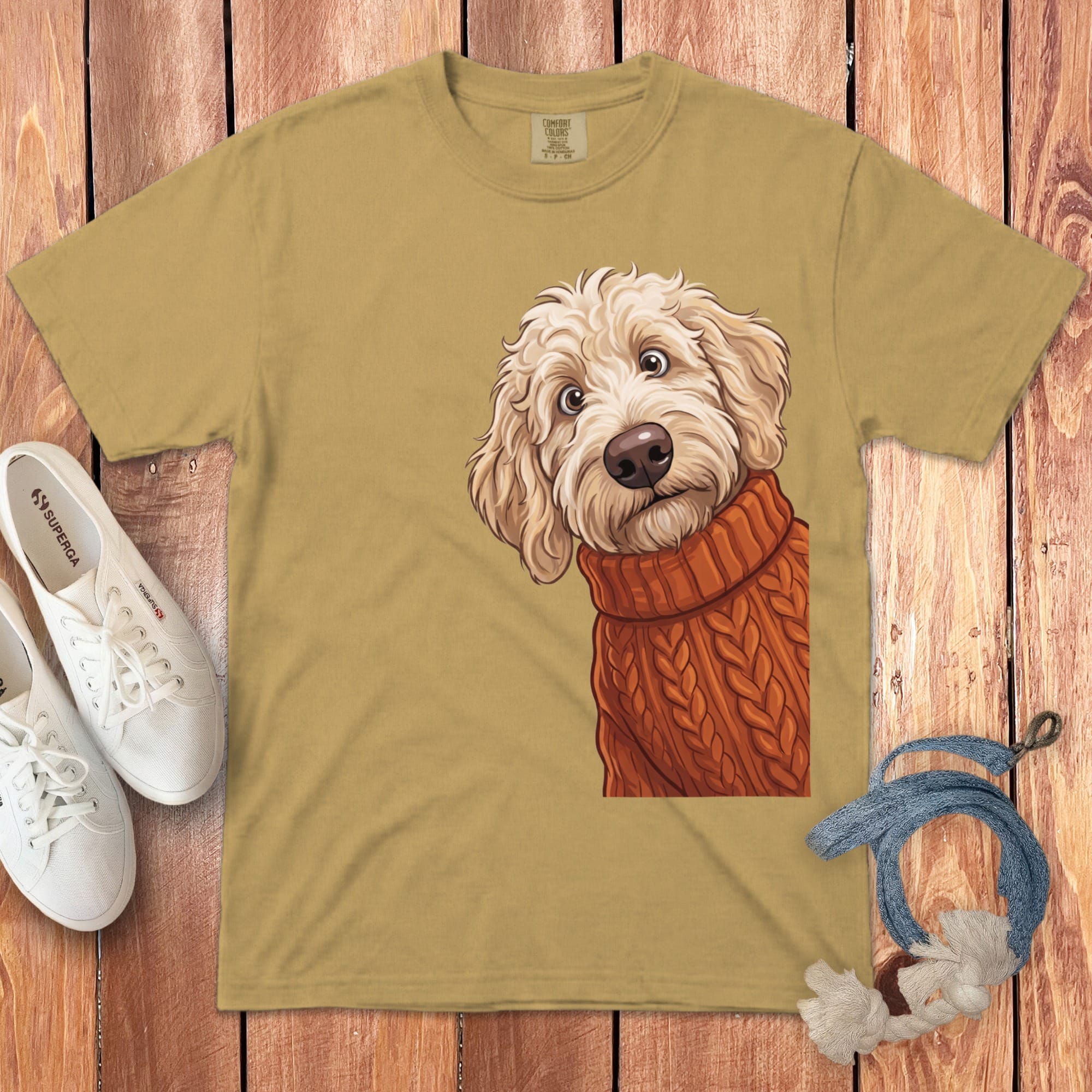 Sweater Weather Cream Goldendoodle Signature T-Shirt in Mustard / S / T-Shirts by Puppy Jo