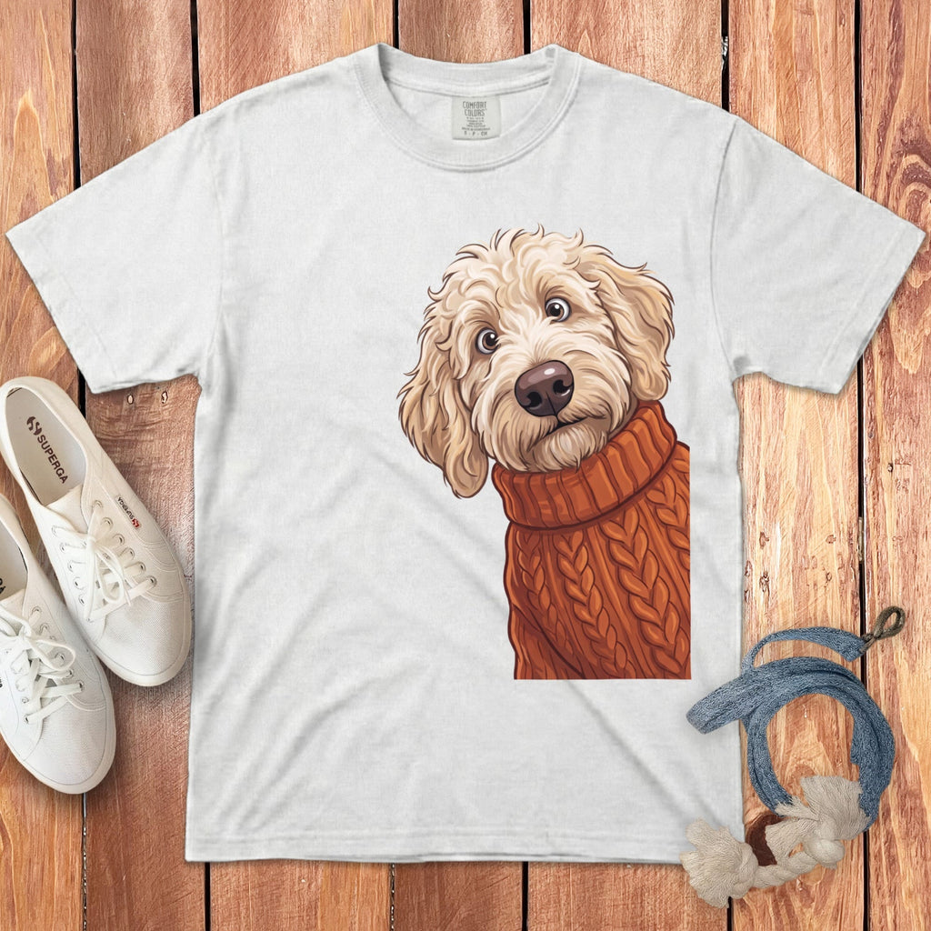 Sweater Weather Cream Goldendoodle Signature T-Shirt in White / S / T-Shirts by Puppy Jo