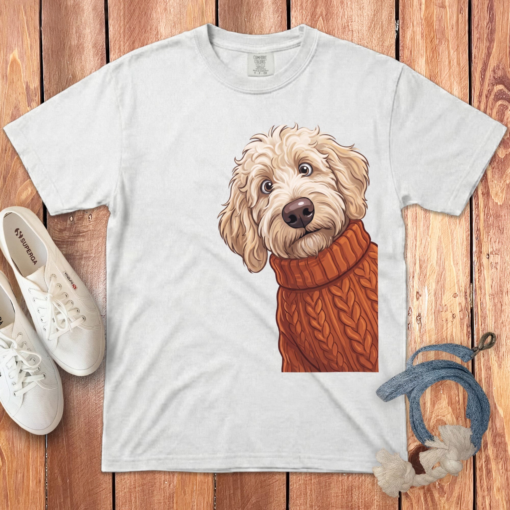 Sweater Weather Cream Goldendoodle Signature T-Shirt in White / S / T-Shirts by Puppy Jo
